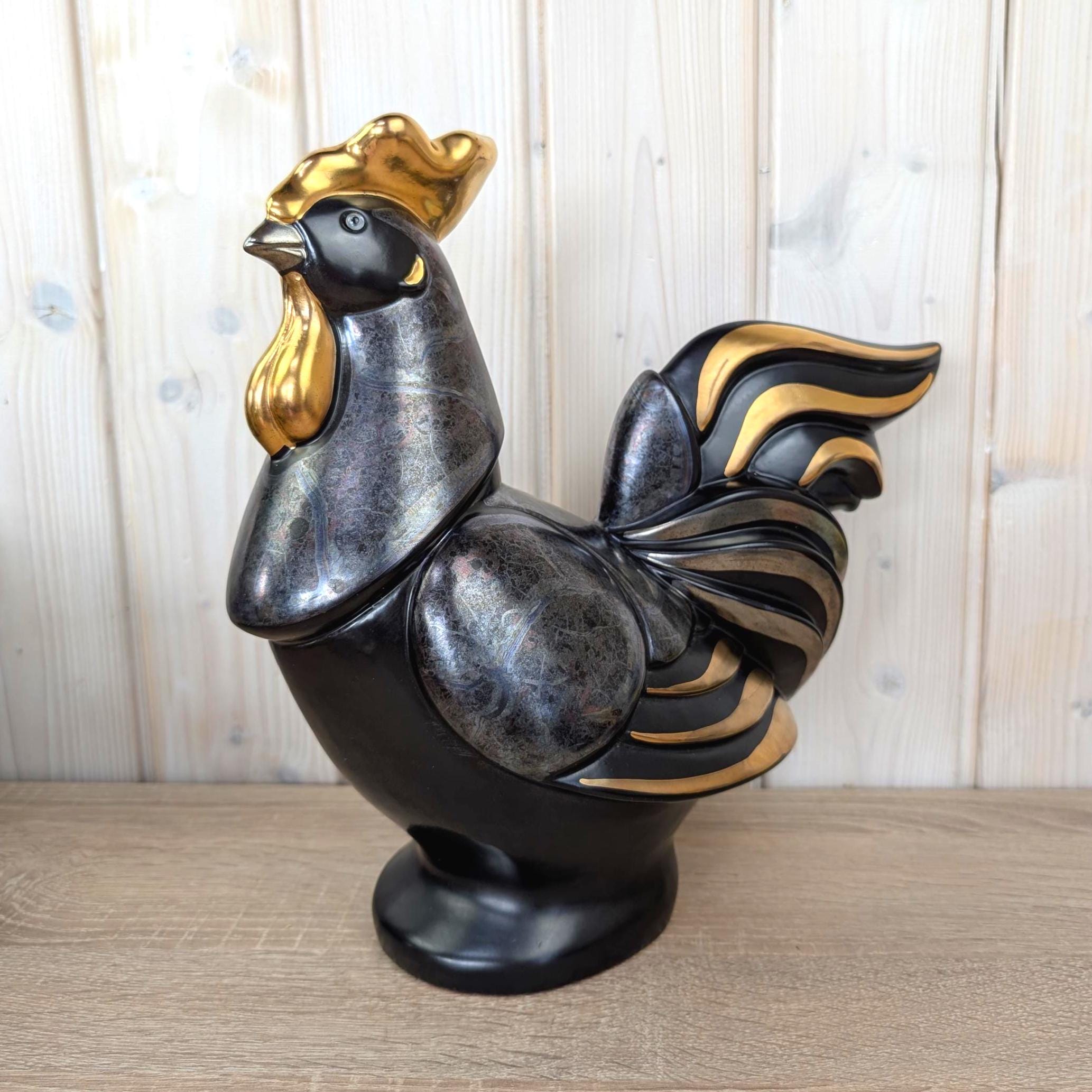 Gilde Handwerk Rooster Figurine Black Gold, Large Ceramic Cockerel Statue, Art Deco Home Decor, German Decorative Figure, 1980s