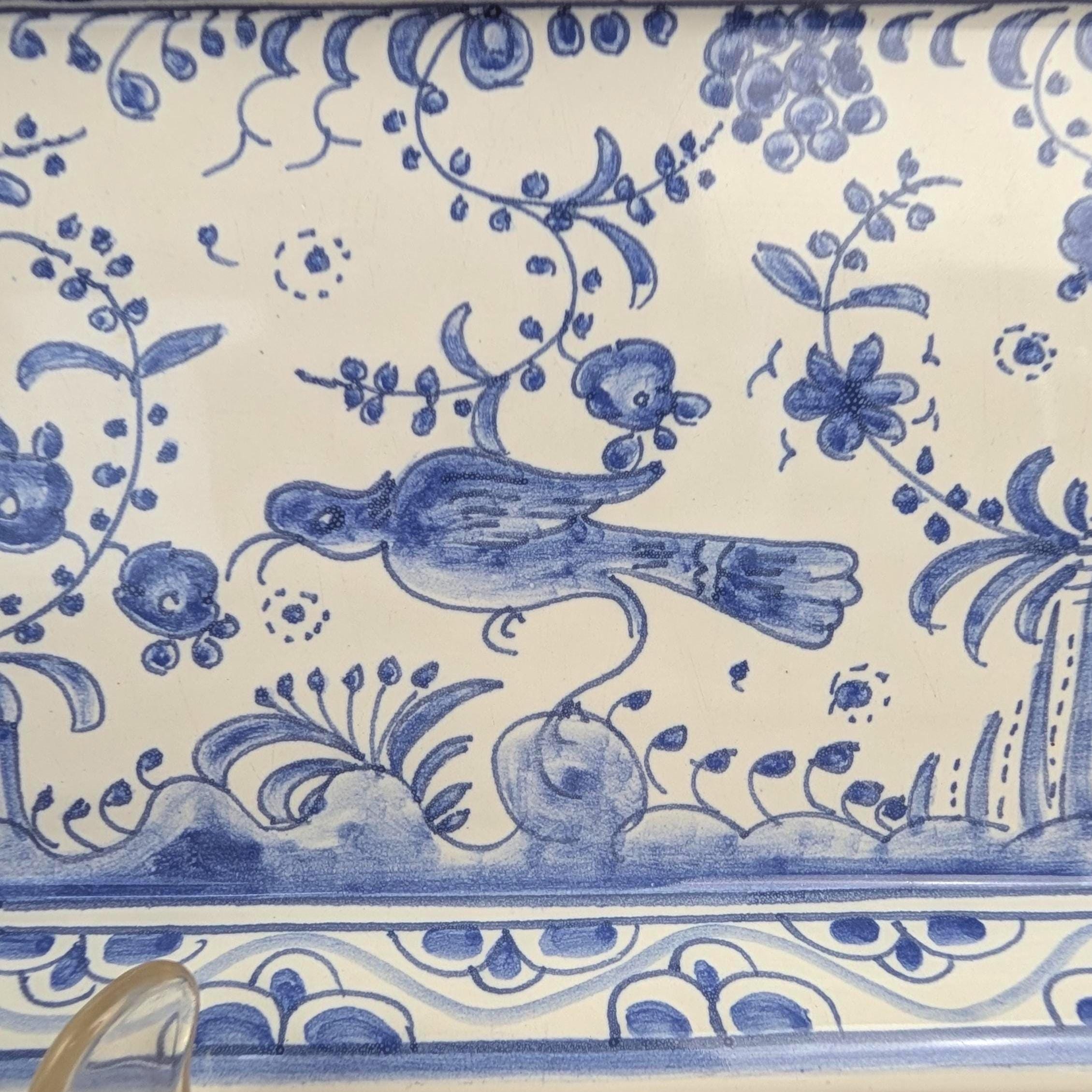 Figcer Portugal Blue White Ceramic Tray, Hand Painted Birds Flowers, Zona de Conimbrica, 1970s