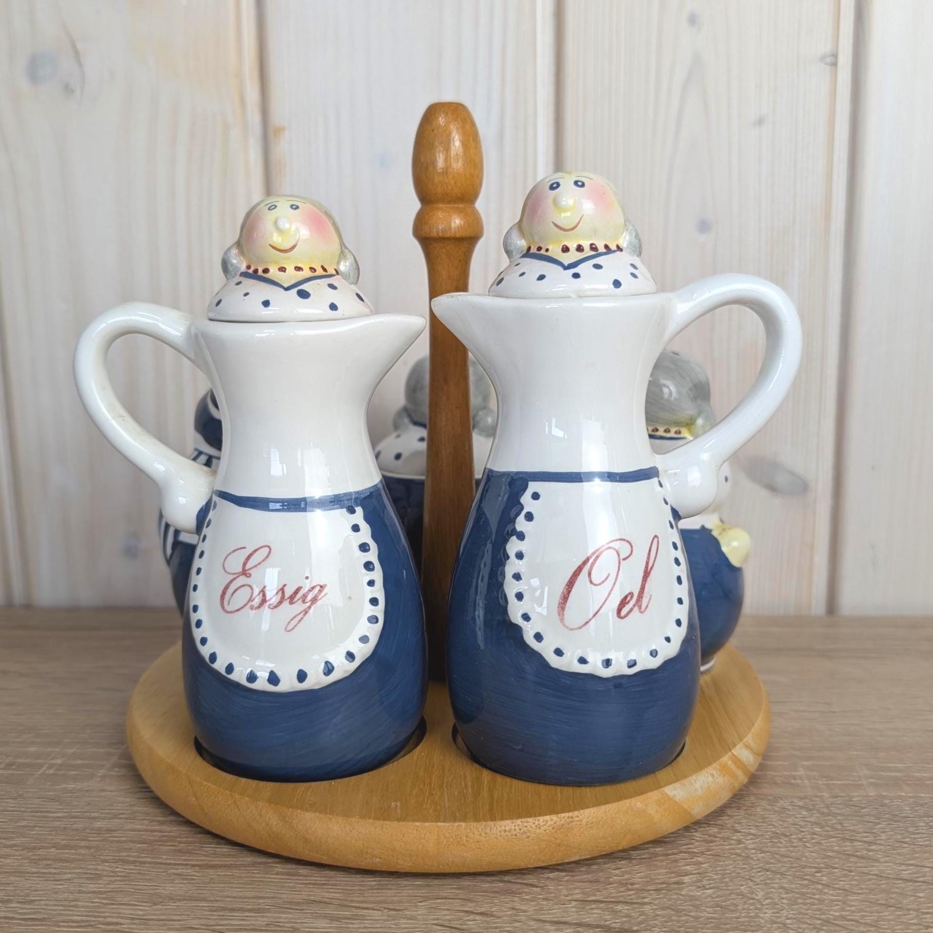 Vintage German Figural Condiment Set, Ceramic Folk Art, Salt Pepper Mustard Oil Vinegar, Wood Stand, 1980s Kitchen Decor