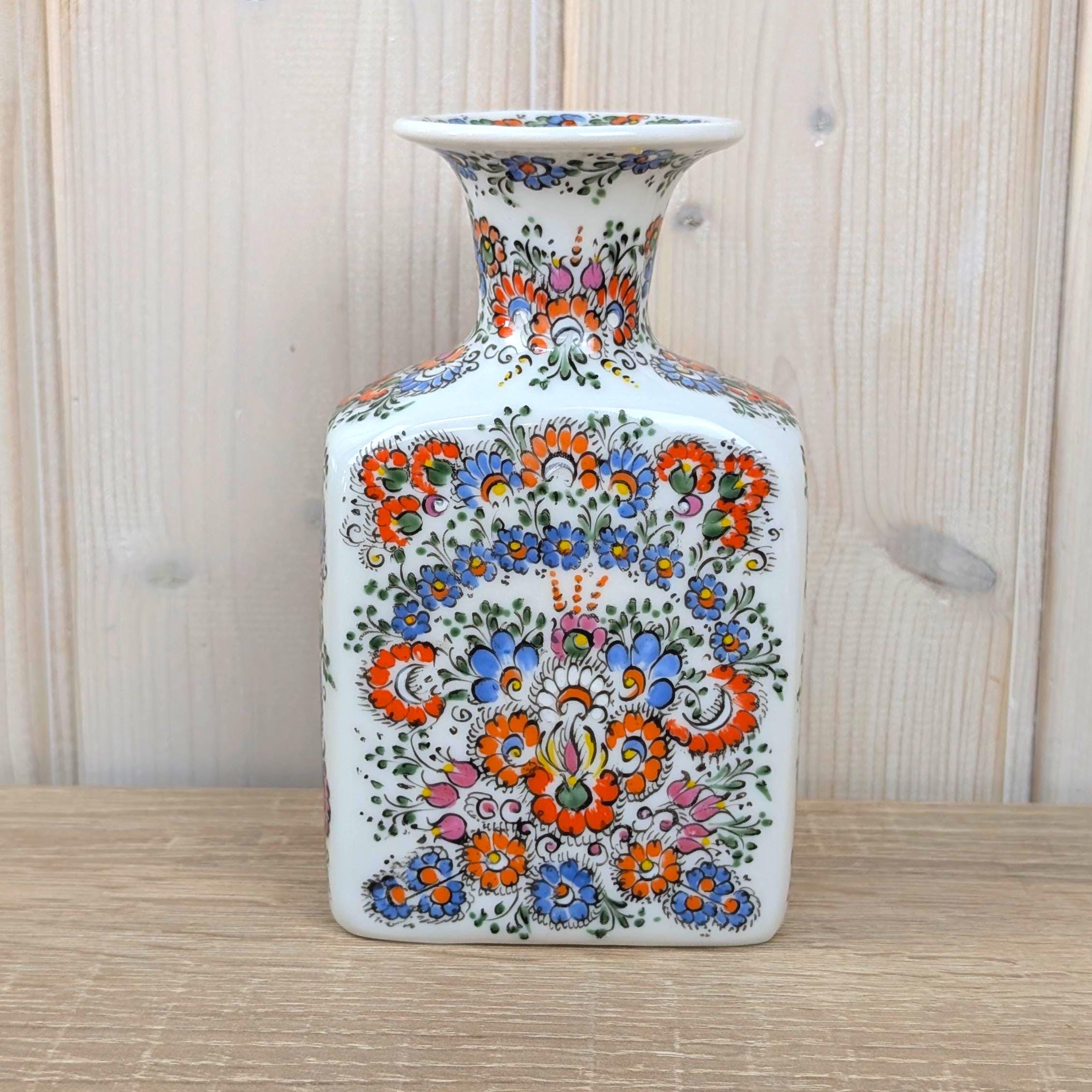 Wawel Poland Folk Art Vase, Hand Decorated Ceramic, Square Bottle Vase, Łowicz Floral Pattern, Cepelja Opole, 1990s Vintage