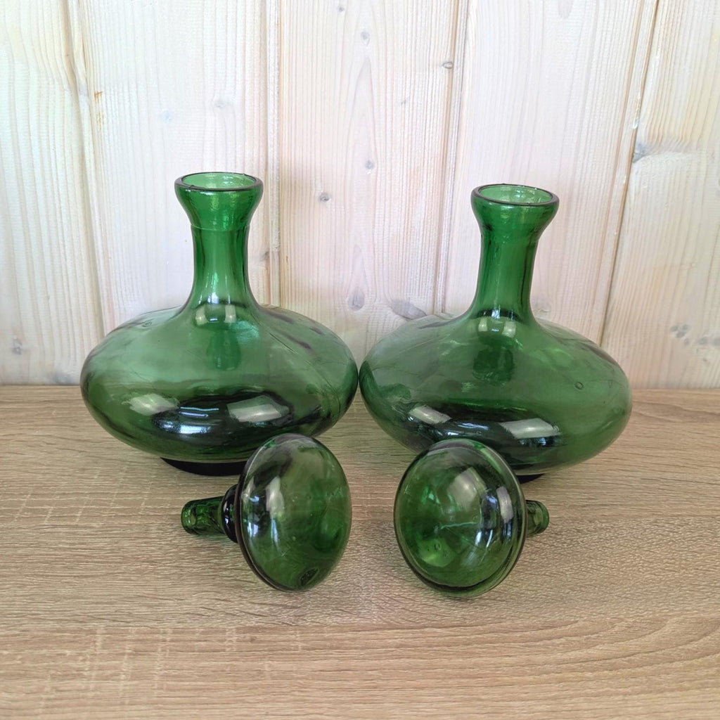 Empoli Green Glass Decanter Set with Stoppers and Wicker Basket Carrier, Italy 1960s