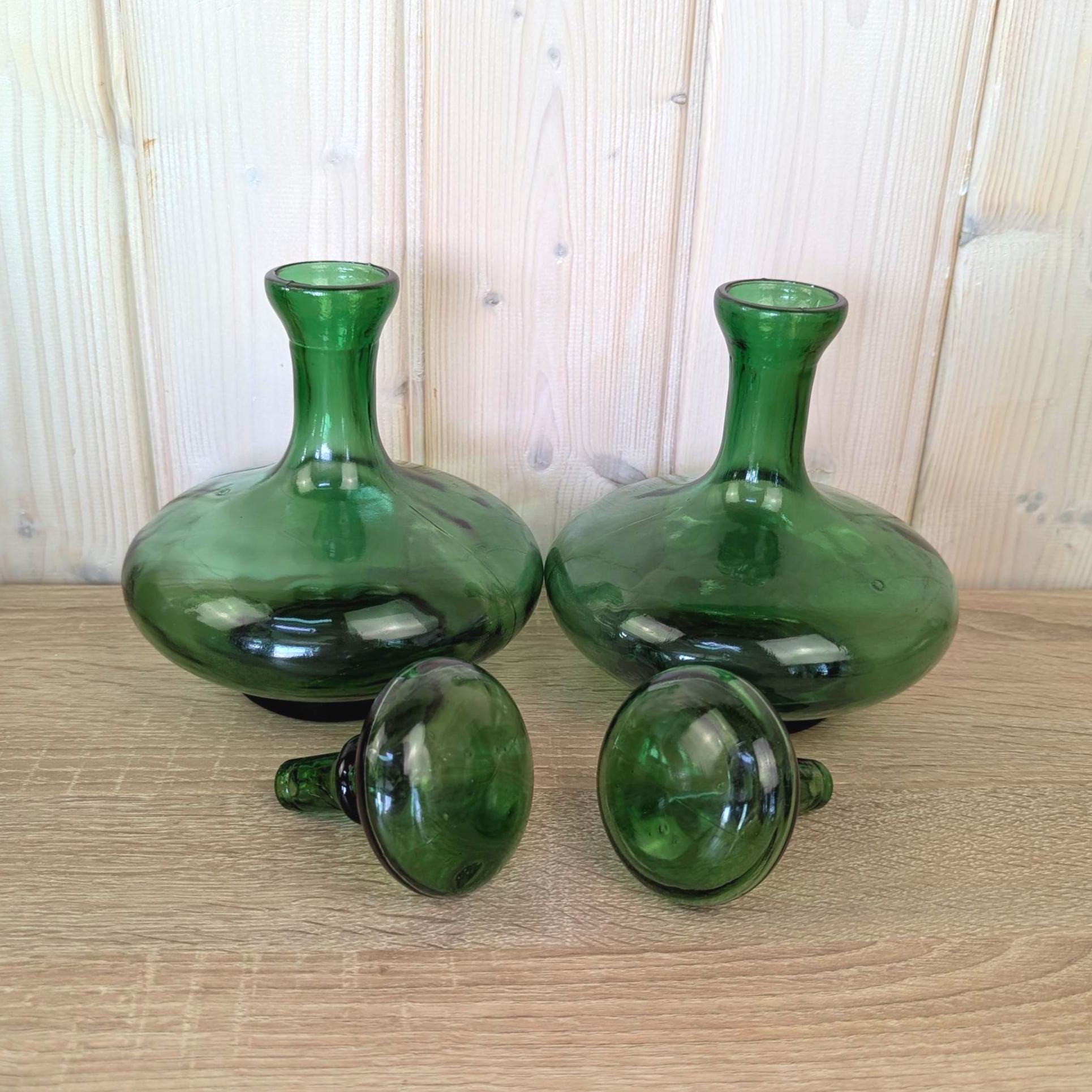 Empoli Green Glass Decanter Set with Stoppers and Wicker Basket Carrier, Italy 1960s