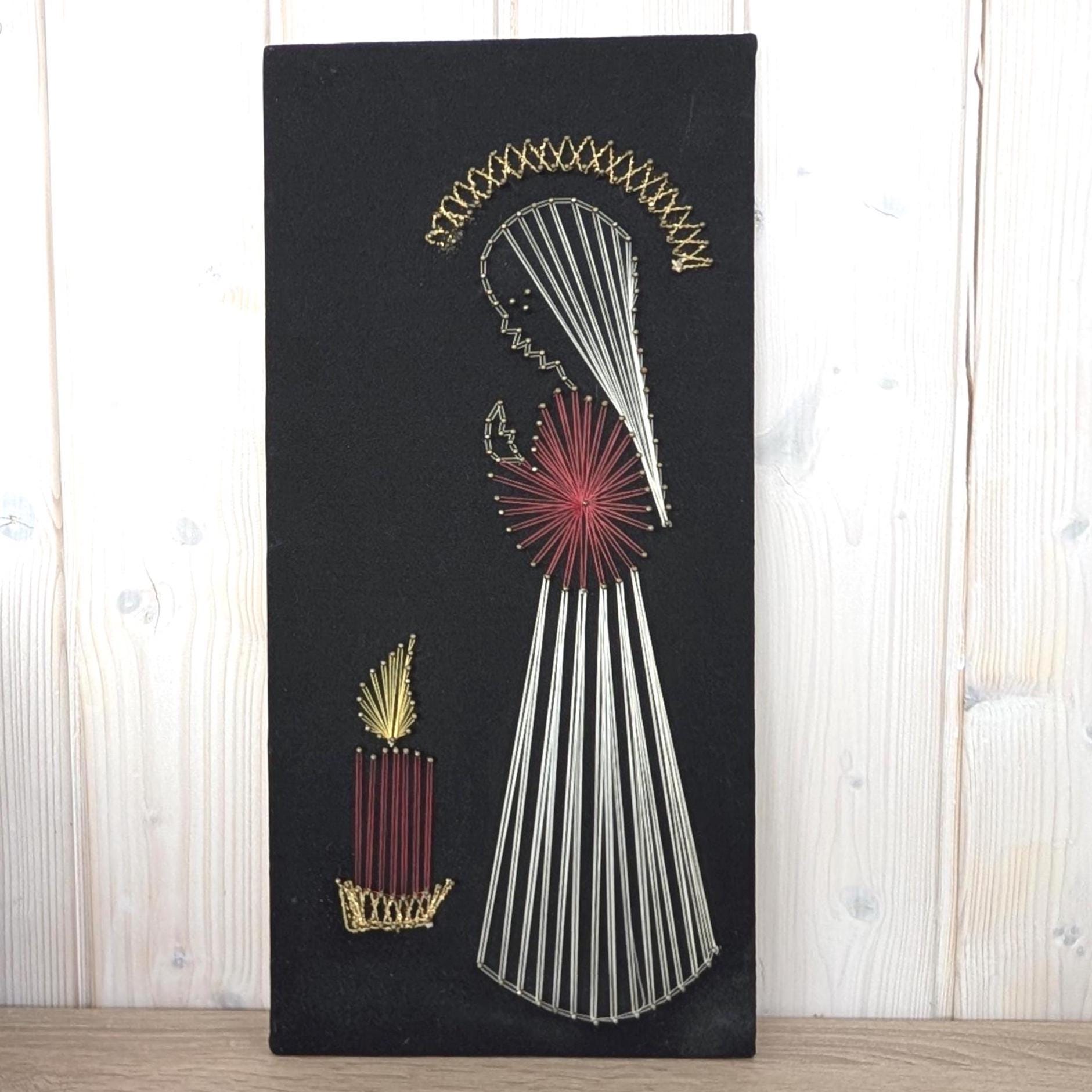 Vintage String Art Madonna with Candle, 1960s-1970s West German Wall Art, Black Velvet Religious Folk Art Panel, Gold Silver Red Thread