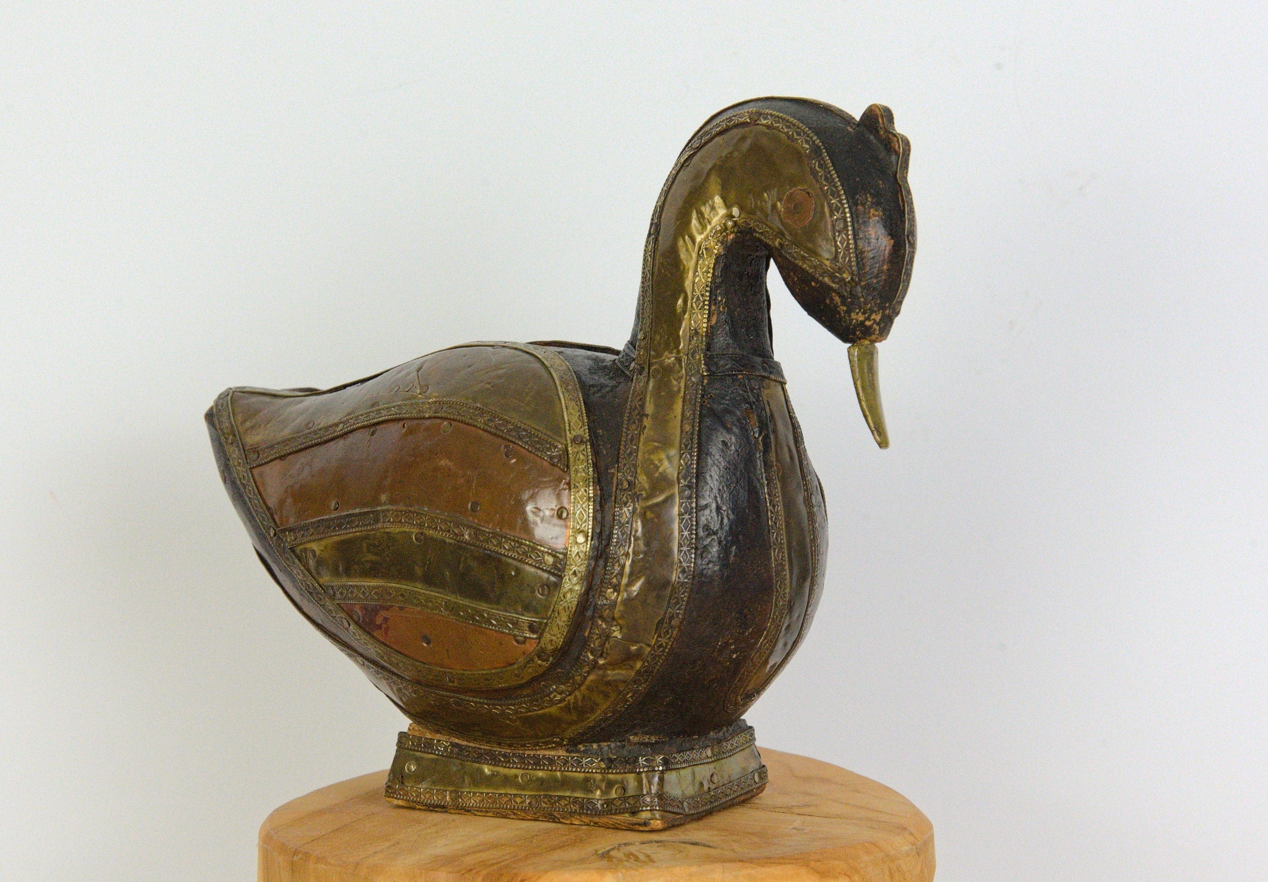 Vintage Wooden Duck Sculpture, Copper and Brass Inlay, Mid Century Decorative Bird, 1970s