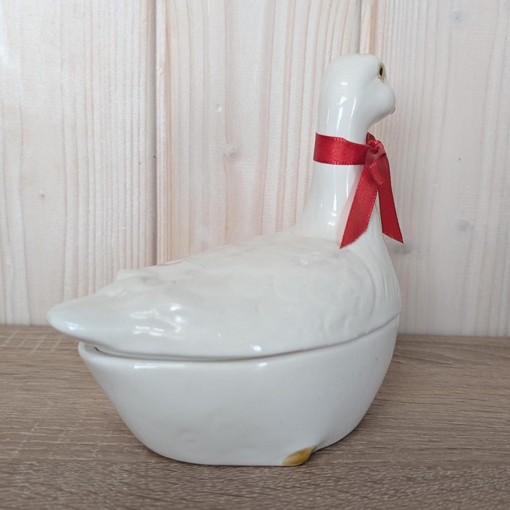 Vintage Michel Cougant French Faience Goose Dish, Signed Lidded Bird Box