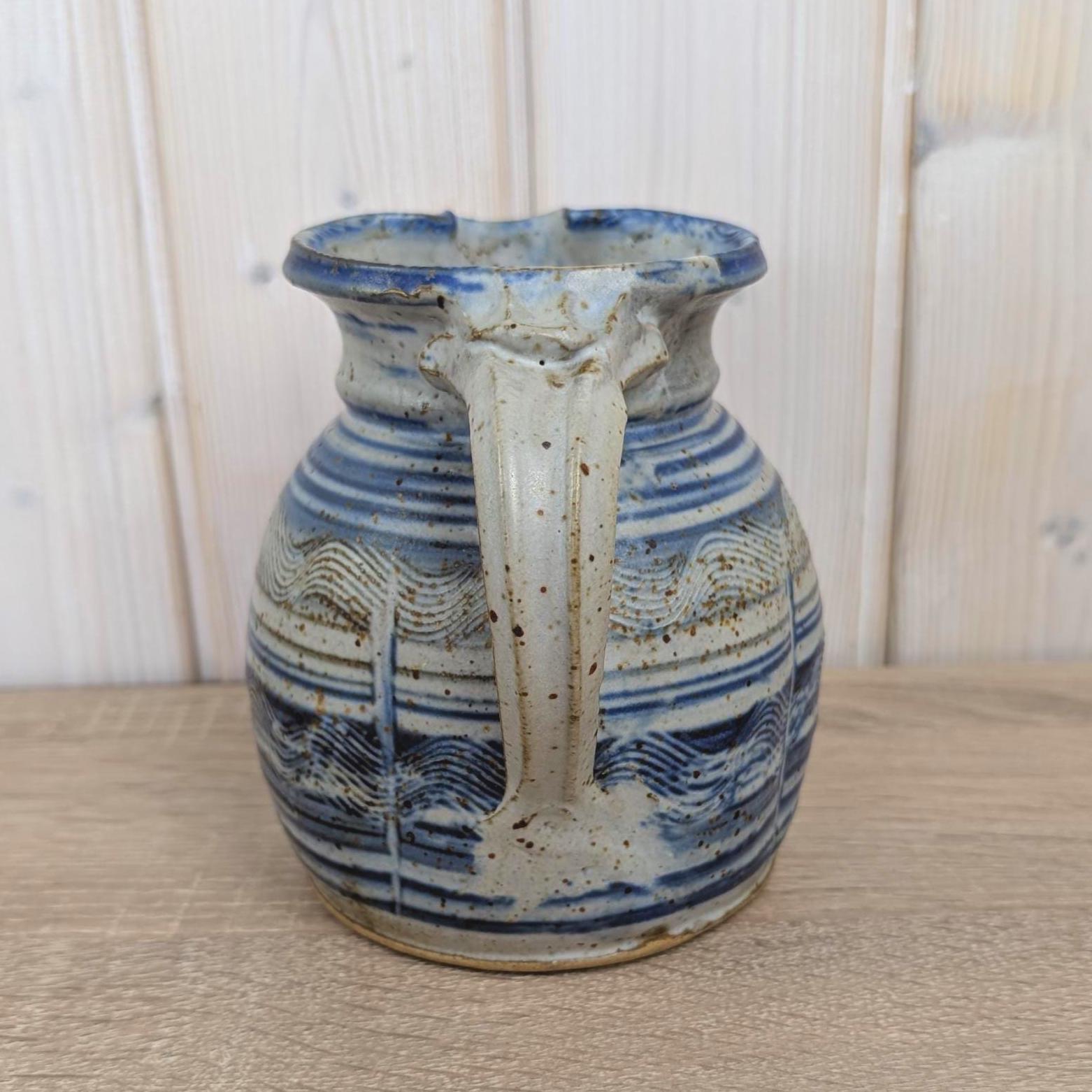 German Handarbeit Studio Pottery Jug, Blue Grey Combed Wave Decoration, Signed Stoneware Pitcher, 1970s
