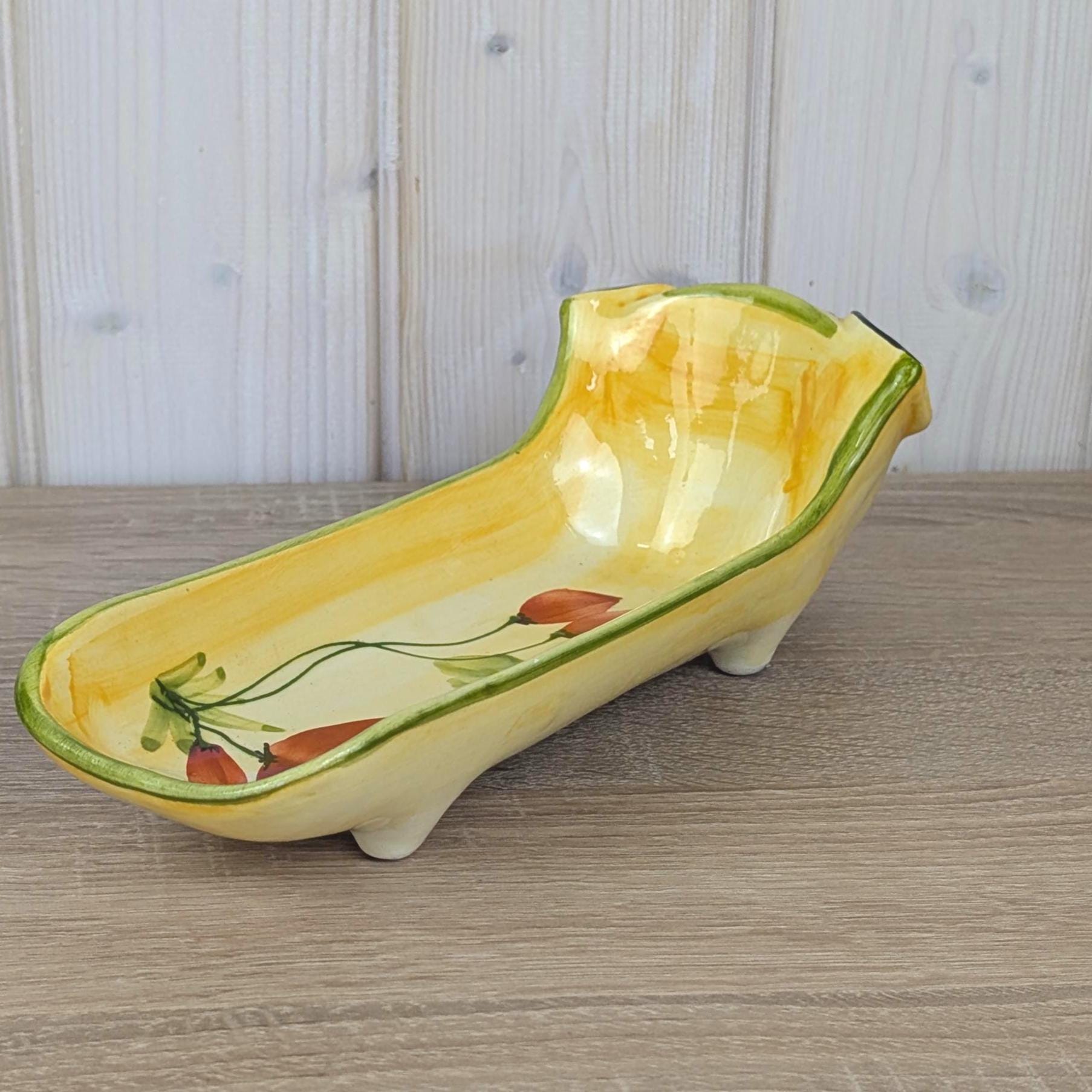 French Ceramic Pig Dish, Fait Main Handmade, Yellow Glaze Red Poppy, TDF Pottery, Quirky Folk Ceramic Tray, 1970s 1980s