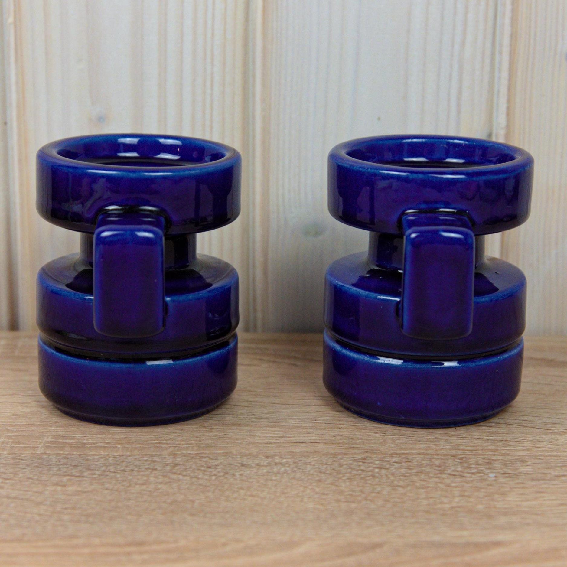 Cari Zalloni for Steuler, Set Cobalt Blue Candle Holders, Ceramic Pair, Germany, Vintage 1970s