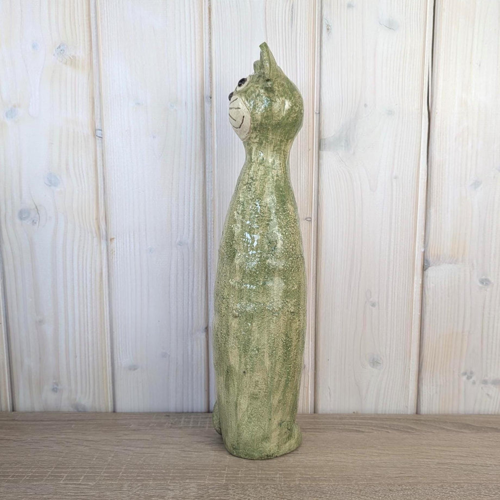 Signed Studio Pottery Cat Figurine, Handmade Green Glazed Ceramic, Tall Sculptural Cat, Signed Elle, Dated 1974, Vintage European Studio Art