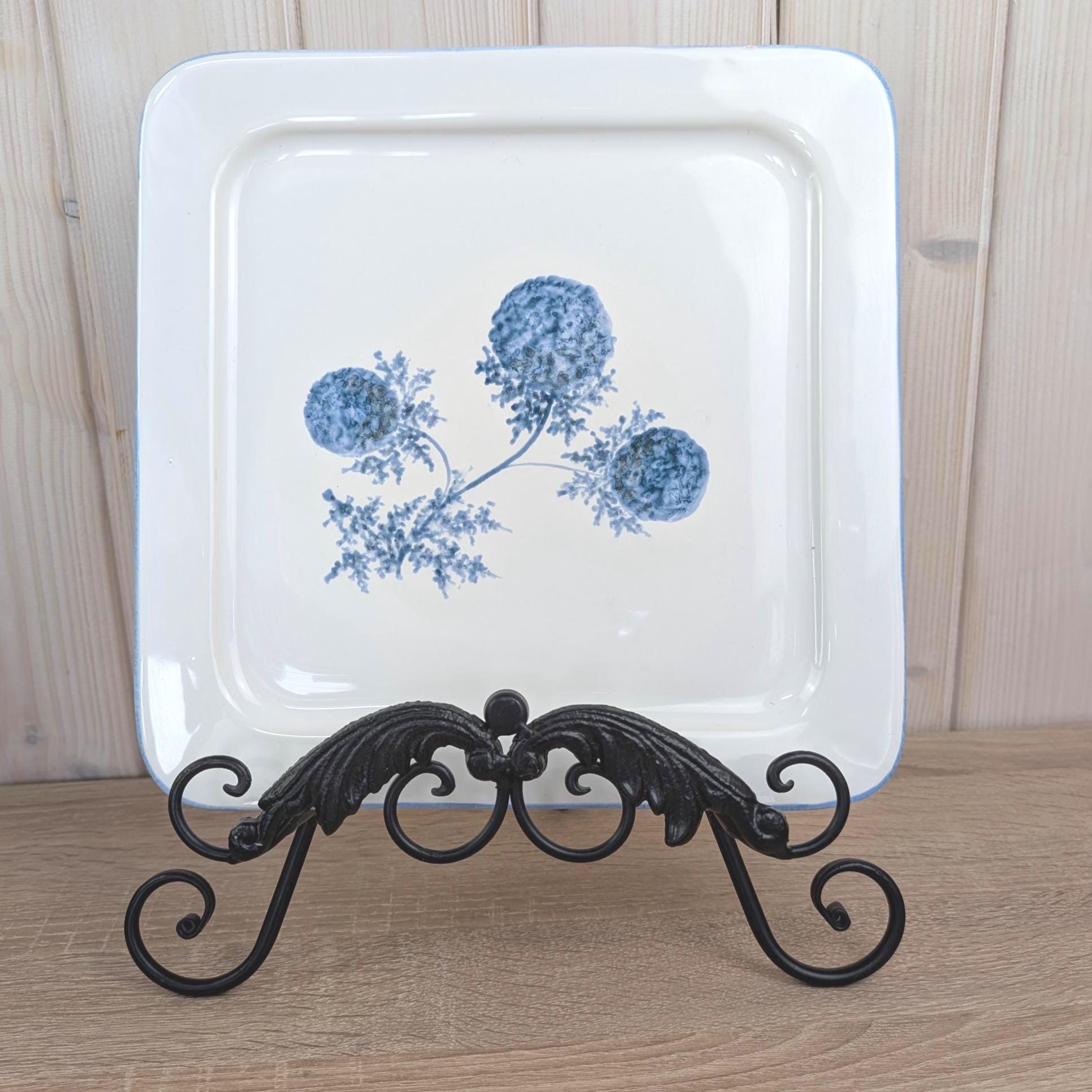 French Square Ceramic Plate, Carnac Bretagne, Blue White Allium Floral Motif, Vintage 1970s French Pottery