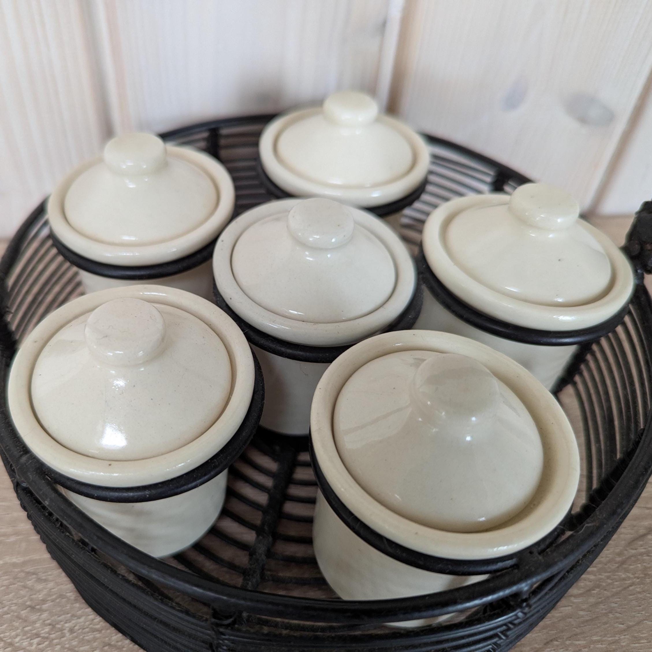 Vintage 1970s Spice Jar Set, Metal Basket with Wood Handle, 6 Ceramic Pots with Lids, Rustic Kitchen Storage