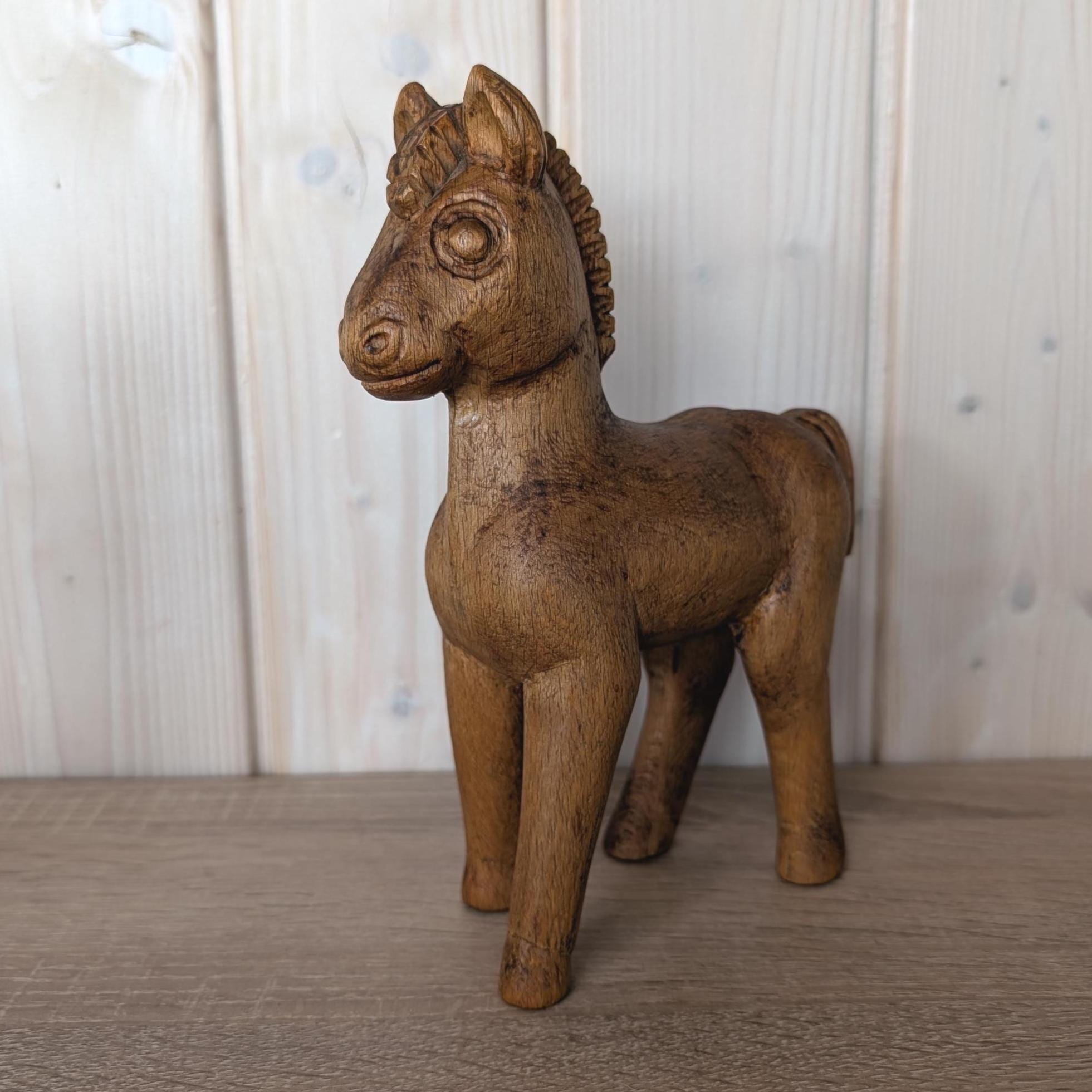 Vintage Unique Hand-Carved Wooden Horse Figurine, Scandinavian Folk Art Style, 1950s–1970s Rustic Decor