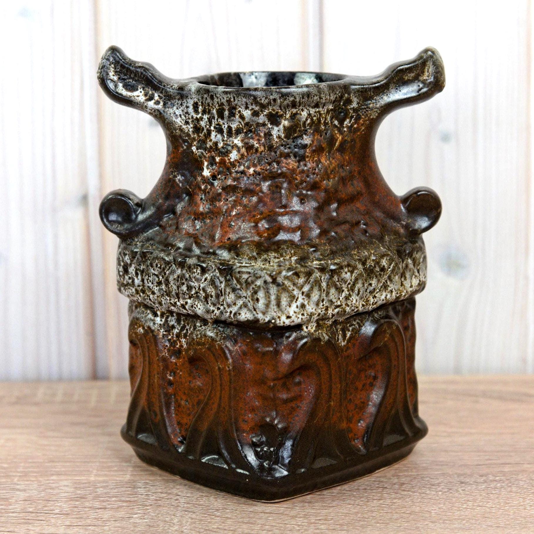 Bay Keramik Viking 79-17 Vase West Germany, Mid Century Fat Lava Pottery, Sculptural Handle Ceramic Vase