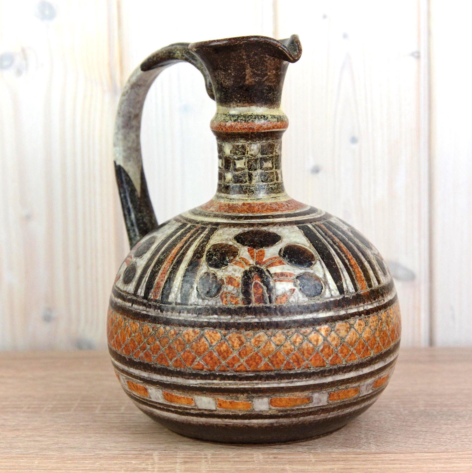 Italica Ars 1017/22 Vintage Italian Ceramic Jug, Mid Century Pottery Pitcher, Hand Painted Geometric Decor, 21.5 cm