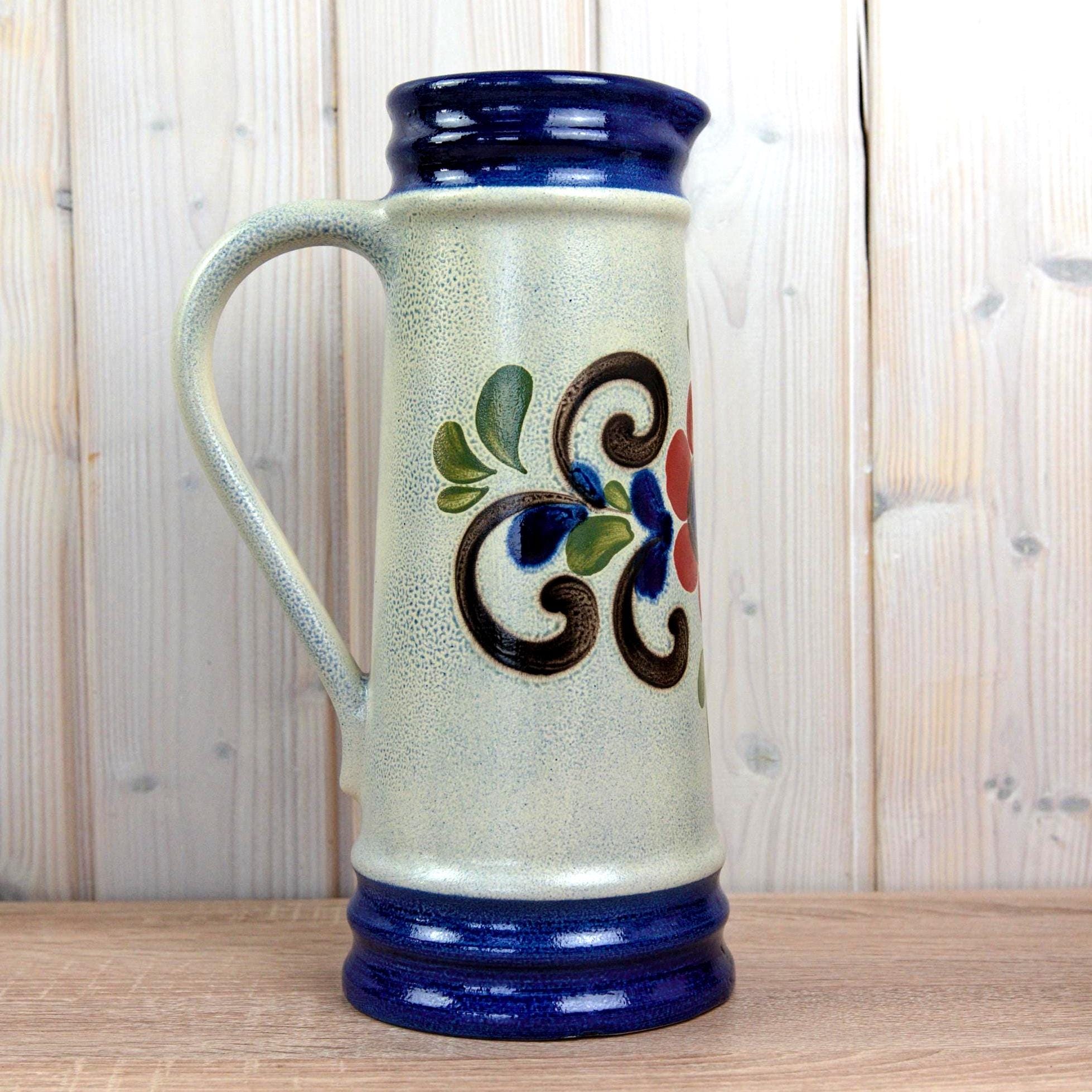 Knödgen 2560 Vintage Ceramic Jug Set West Germany, Floral Pottery Pitchers Blue Red Decor, Mid Century Kitchen Decor