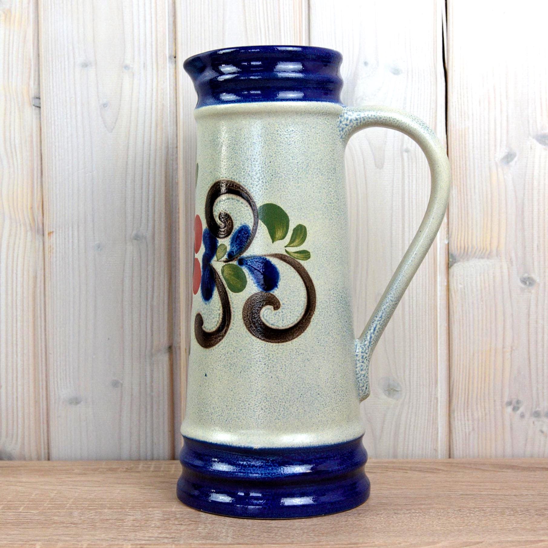 Knödgen 2560 Vintage Ceramic Jug Set West Germany, Floral Pottery Pitchers Blue Red Decor, Mid Century Kitchen Decor