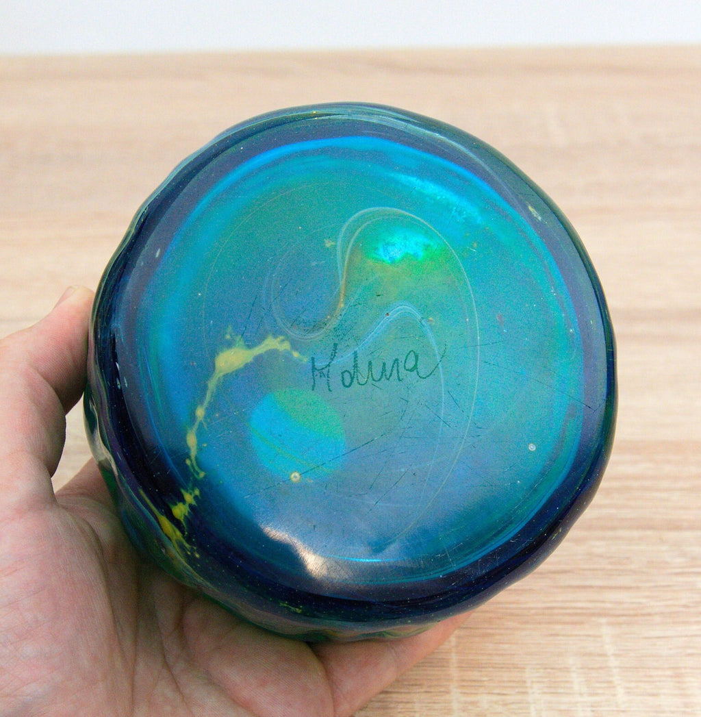 Mdina Blue Summer Glass Vase, Signed Sand and Sea Collection, Malta Studio Art Glass 1970s