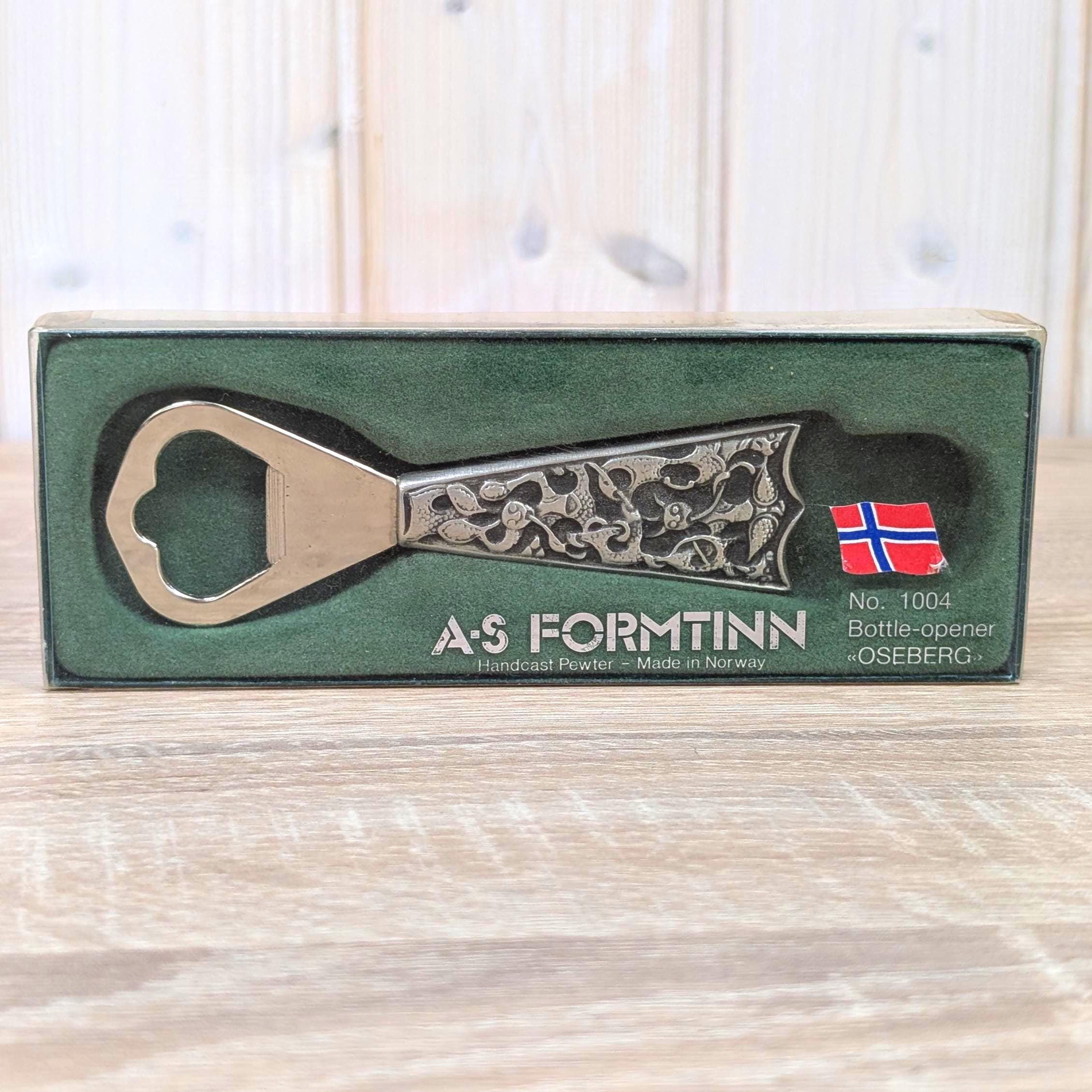 Vintage A·S Formtinn Oseberg Pewter Bottle Opener No. 1004, Handcast Norway, Original Box, 1970s