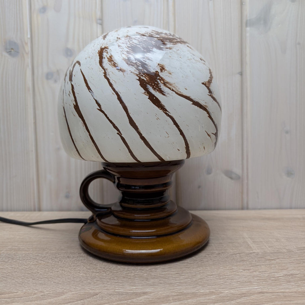 Pan Ceramic Table Lamp, German Mid Century Art Glass Shade, vintage