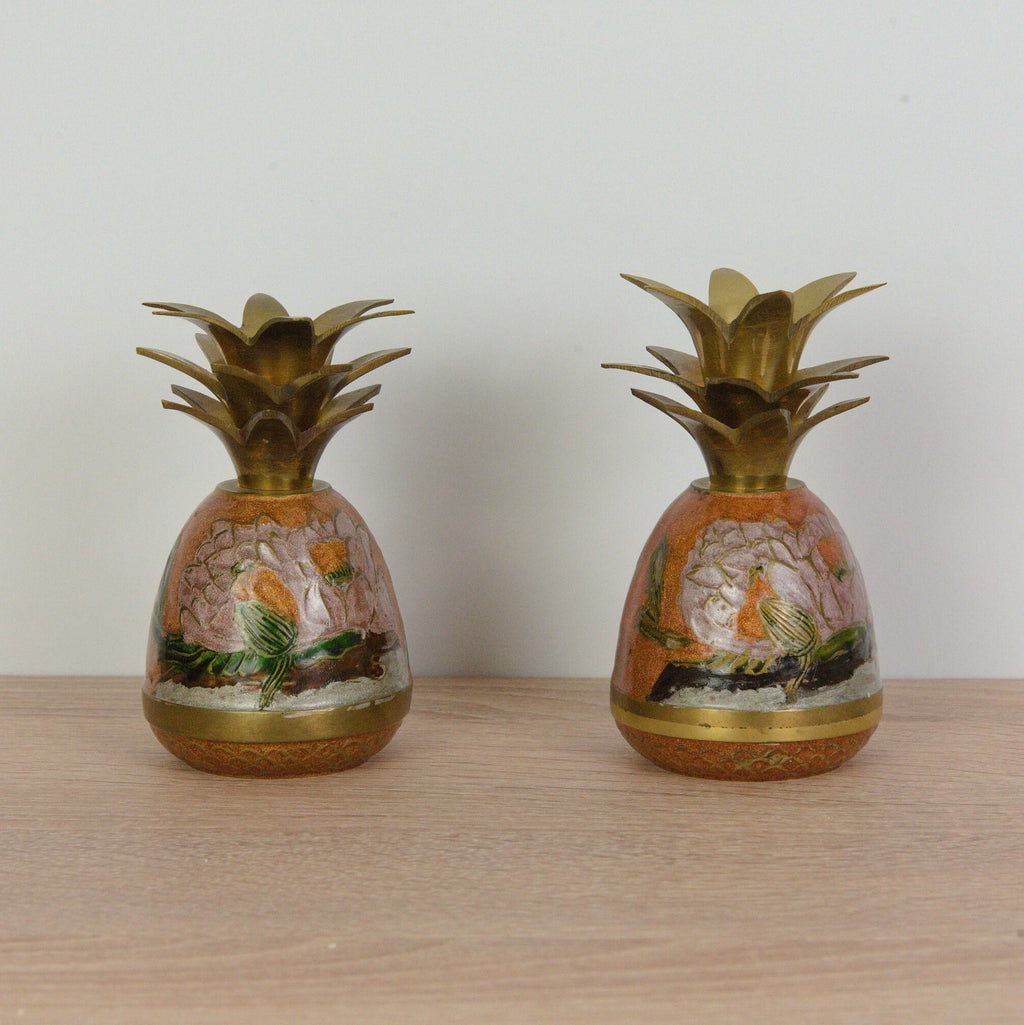 Adorable Cloisonné Pineapple Candle Holders - Vintage - Brass- Dragonfly & Flowers Enamel