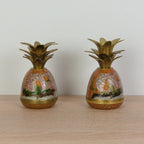 Adorable Cloisonné Pineapple Candle Holders - Vintage - Brass- Dragonfly & Flowers Enamel