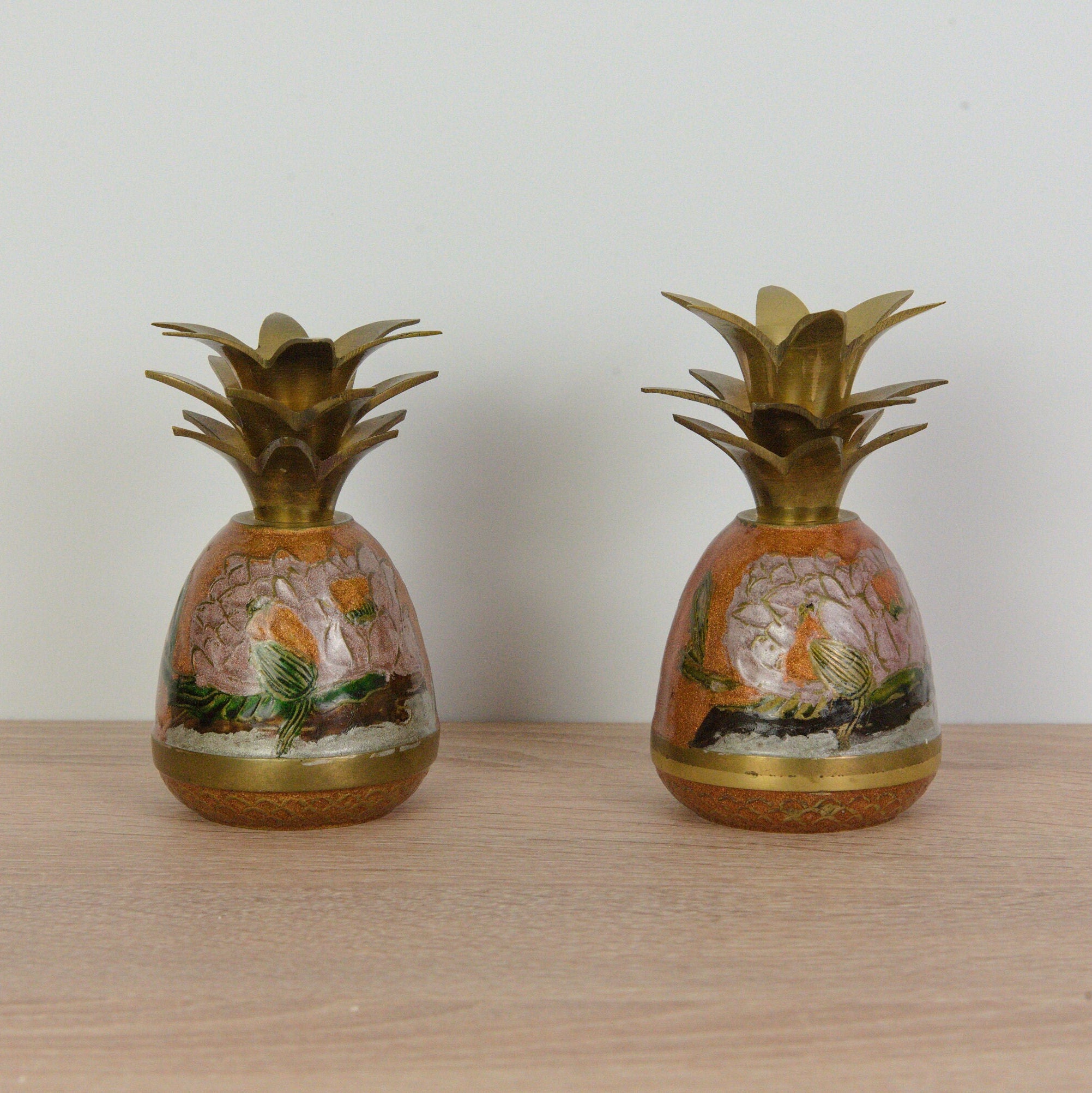 Adorable Cloisonné Pineapple Candle Holders - Vintage - Brass- Dragonfly & Flowers Enamel
