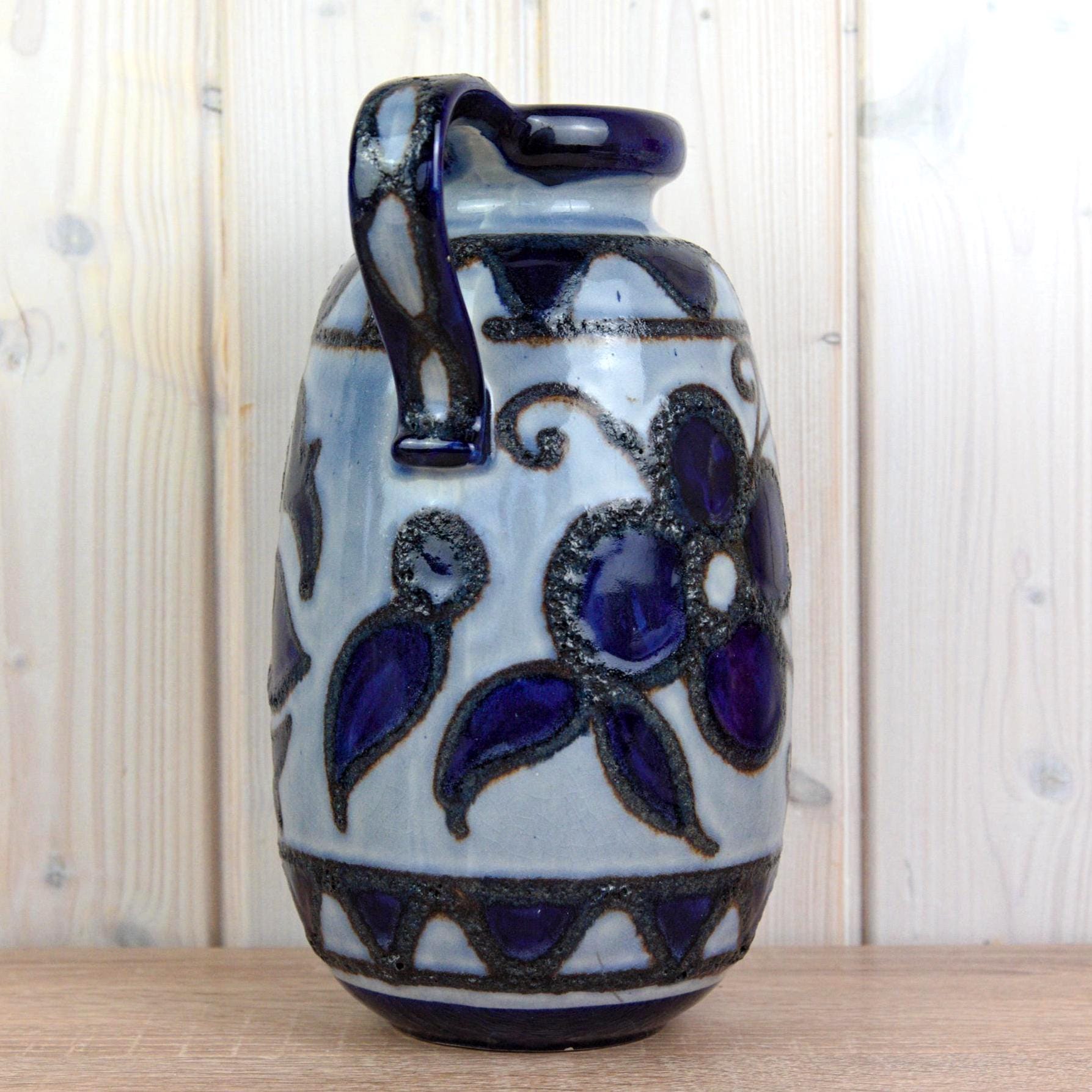 Scheurich 484 27 Vintage West German Pottery Jug, Blue Floral Vase with Handle, Mid Century Ceramic, 27 cm