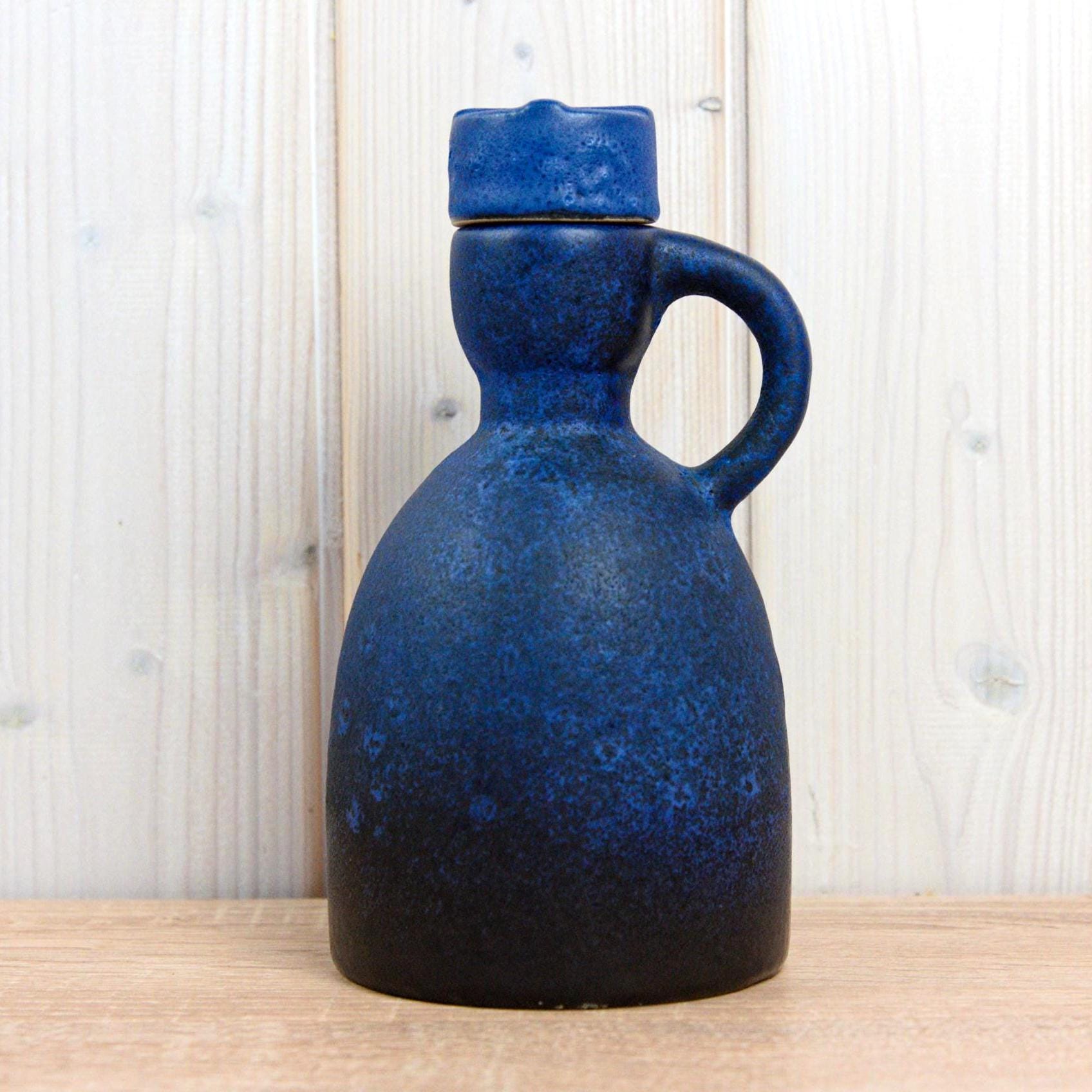 Ruscha 312 Vintage West German Pottery Jug with Stopper, Mid Century Blue Ceramic Bottle Vase