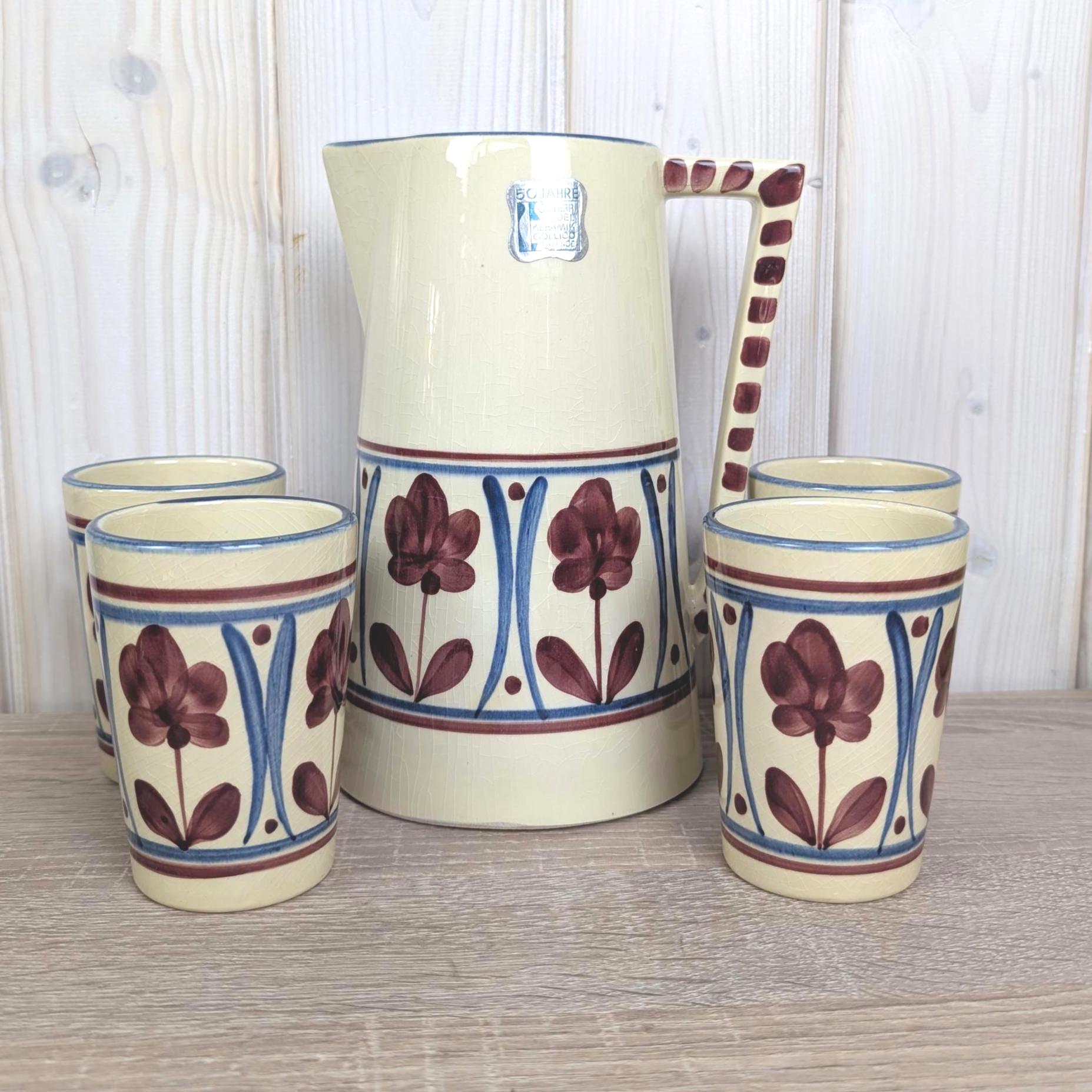 Vintage Gollico Austria ceramic pitcher set, hand painted floral design, 1960s pottery