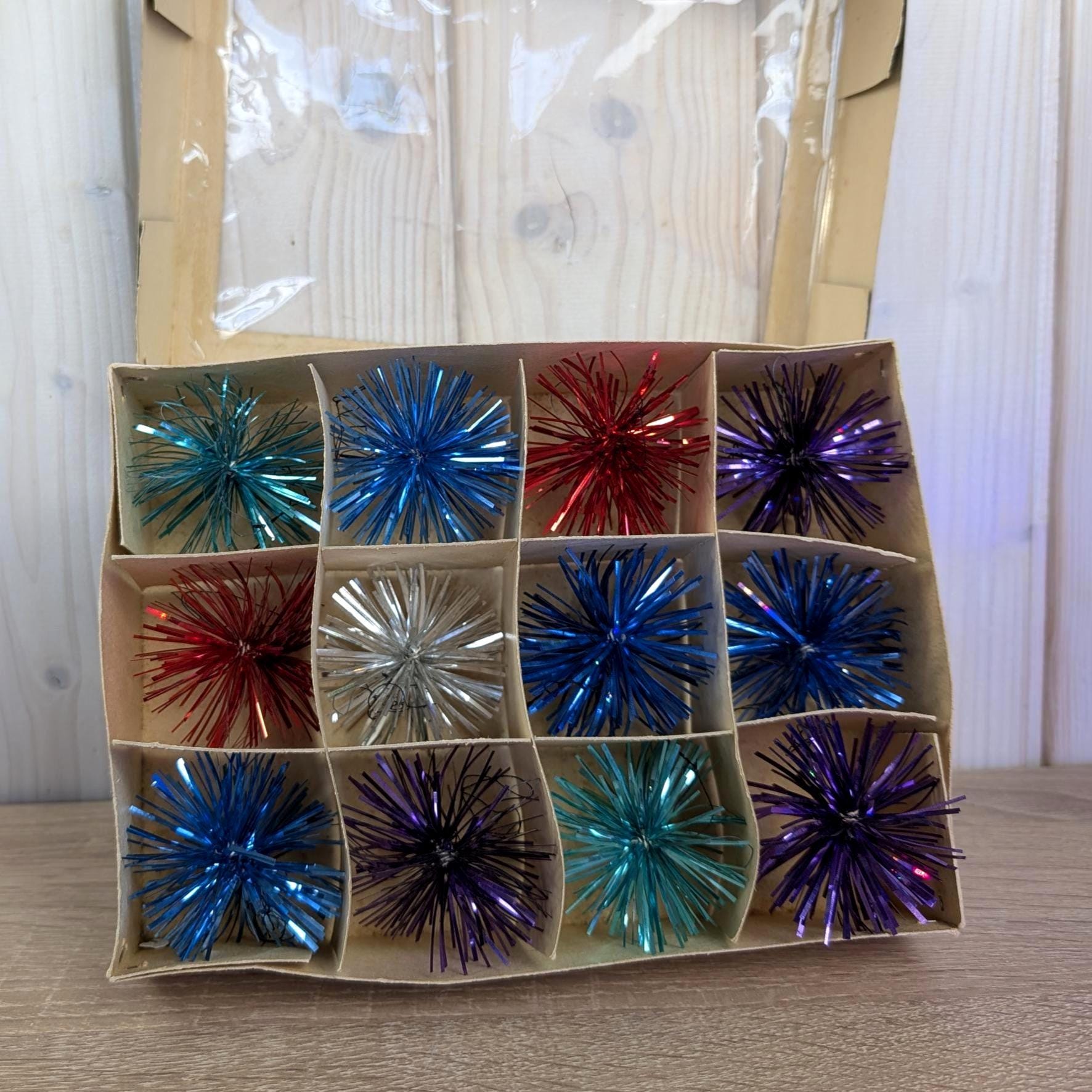 Colorful Woolco Tinsel Pom Pom Ornaments, Christmas Tree Decor, Mid Century, Vintage Set