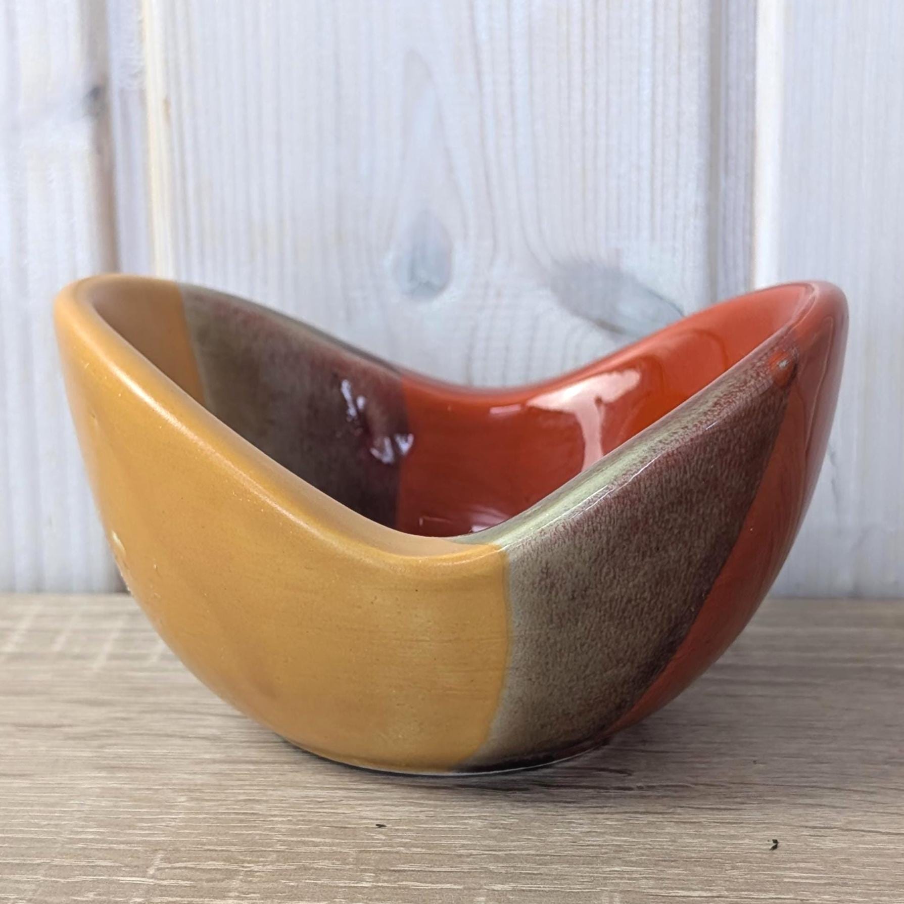 Vintage Italian Ceramic Bowl Bagni Italy 1960s, Mid Century Modern Glazed Pottery, Orange Red Yellow Striped Ashtray Trinket Dish