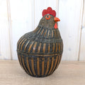 Wicker Bamboo Hen Basket with Lid, Chicken Storage Basket, Red Wood Comb, Glass Eye, Farmhouse Decor, 1970s