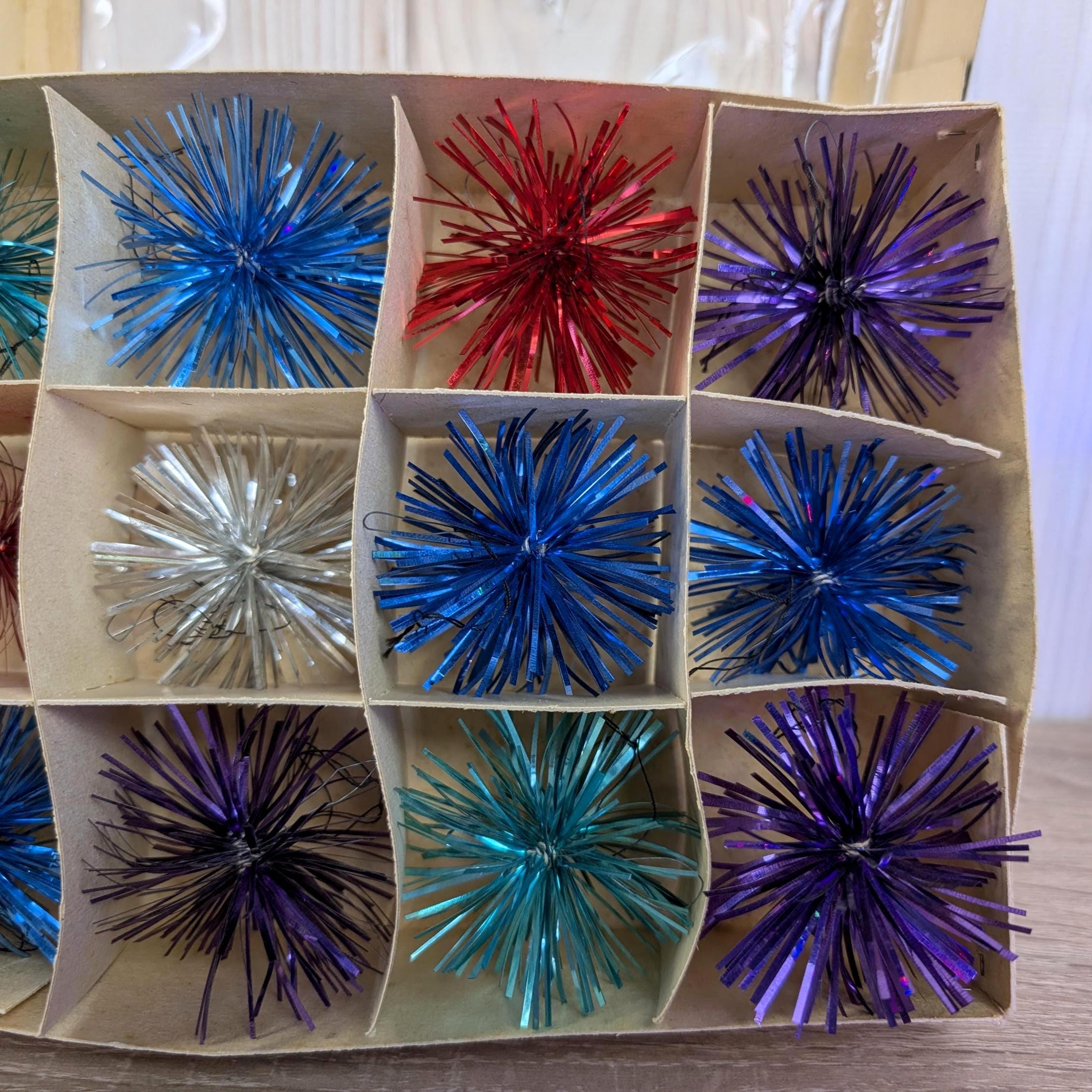 Colorful Woolco Tinsel Pom Pom Ornaments, Christmas Tree Decor, Mid Century, Vintage Set