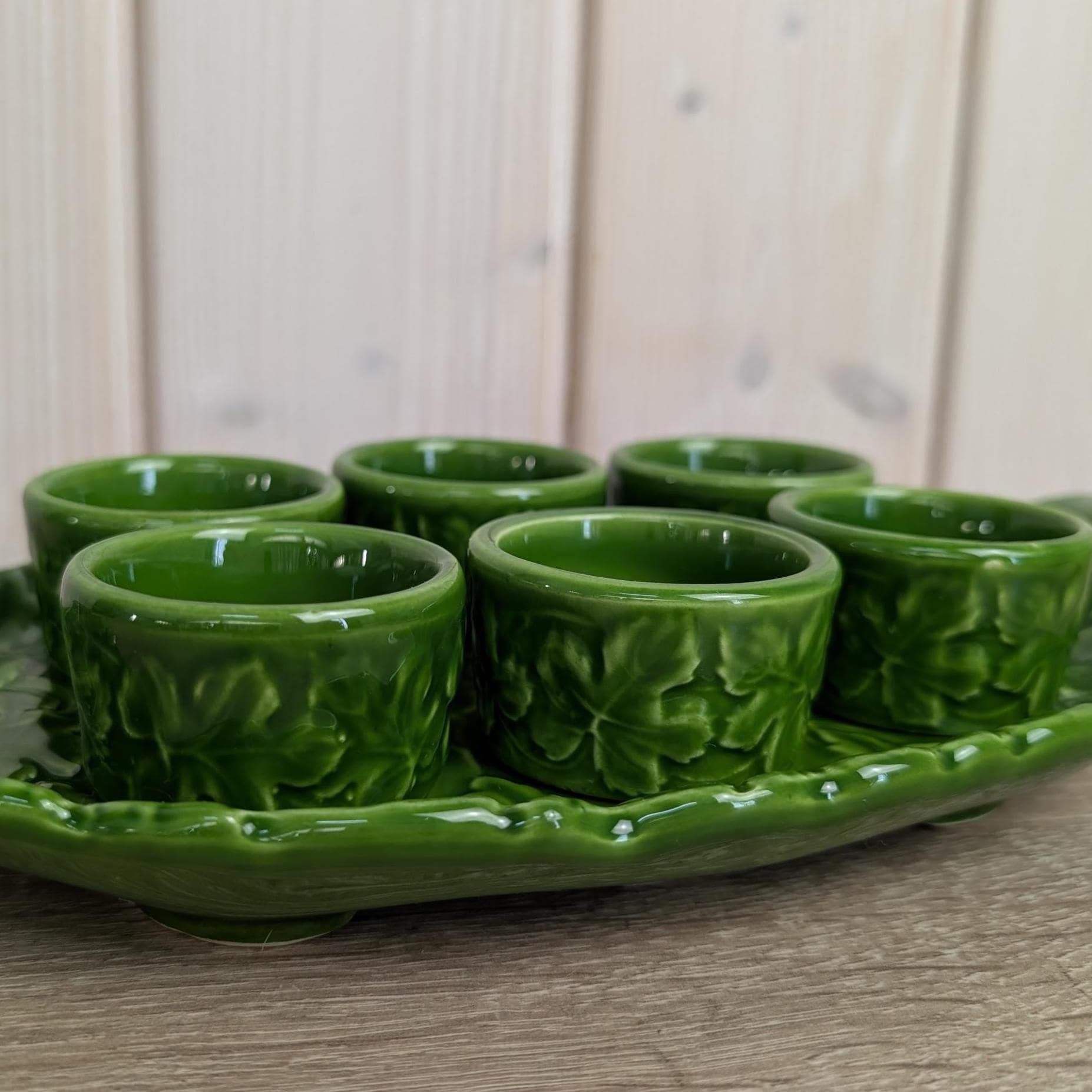 Green Ceramic Egg Cup Set, Leaf Tray with Cutlery, Vintage Kitchen Decor, 1970s
