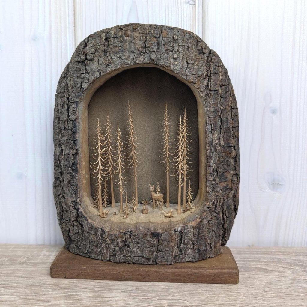 Hand Carved Forest Diorama, Black Forest Wood Scene, Mid Century