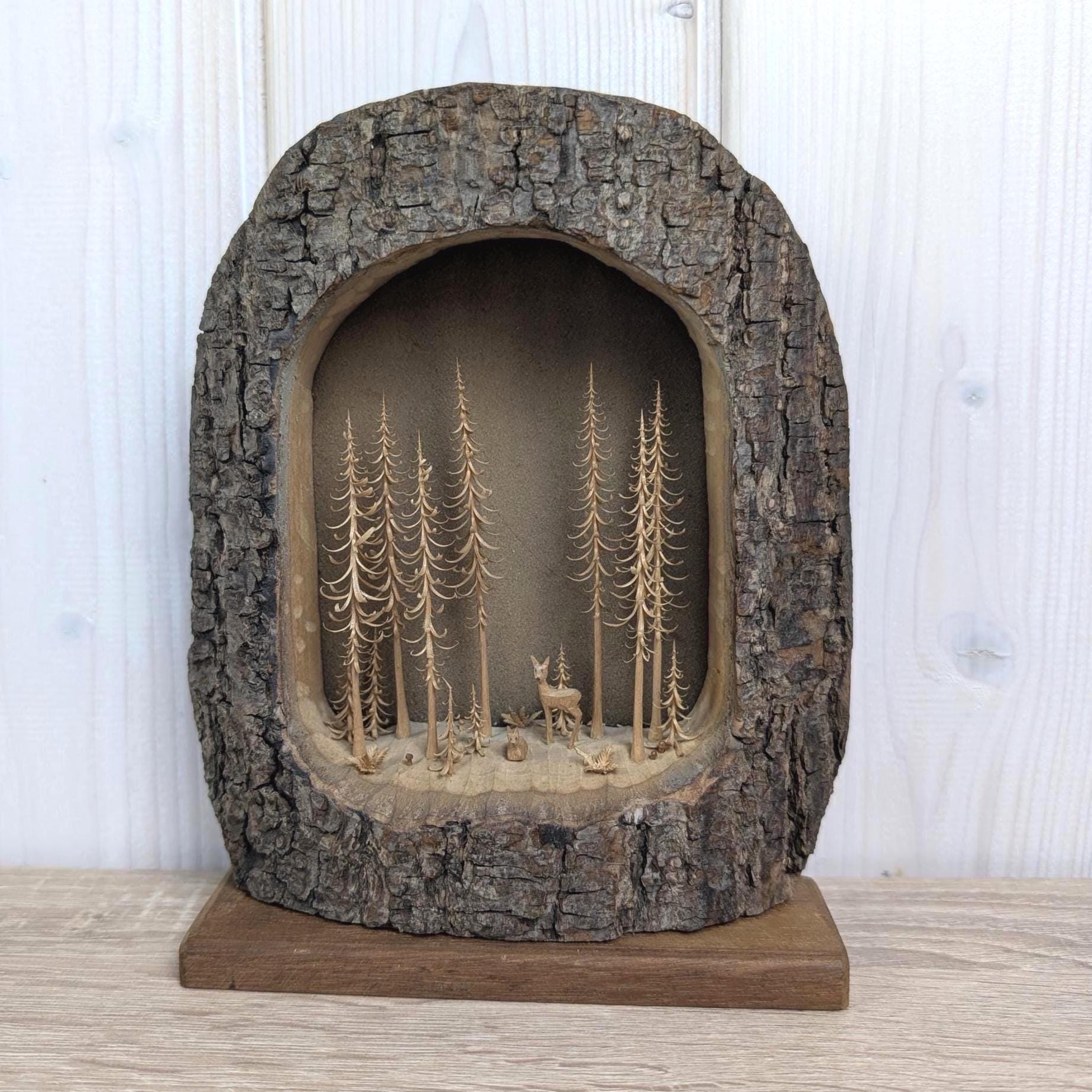 Hand Carved Forest Diorama, Black Forest Wood Scene, Mid Century