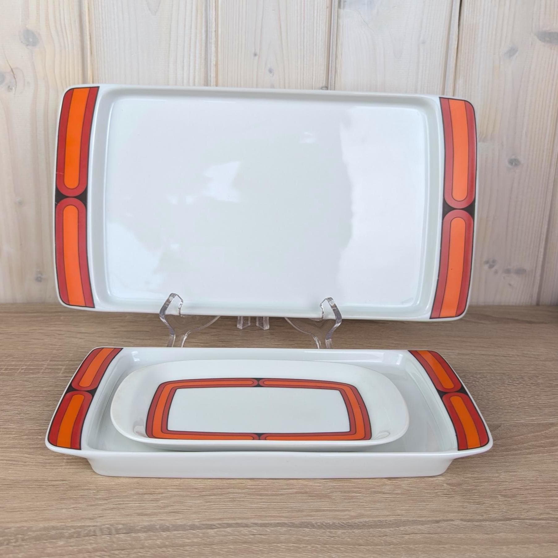 Arzberg Sizilia 3000 Serving Platter Set, Hans Theo Baumann, Orange Red, 1970s German Porcelain, Free Small Dish