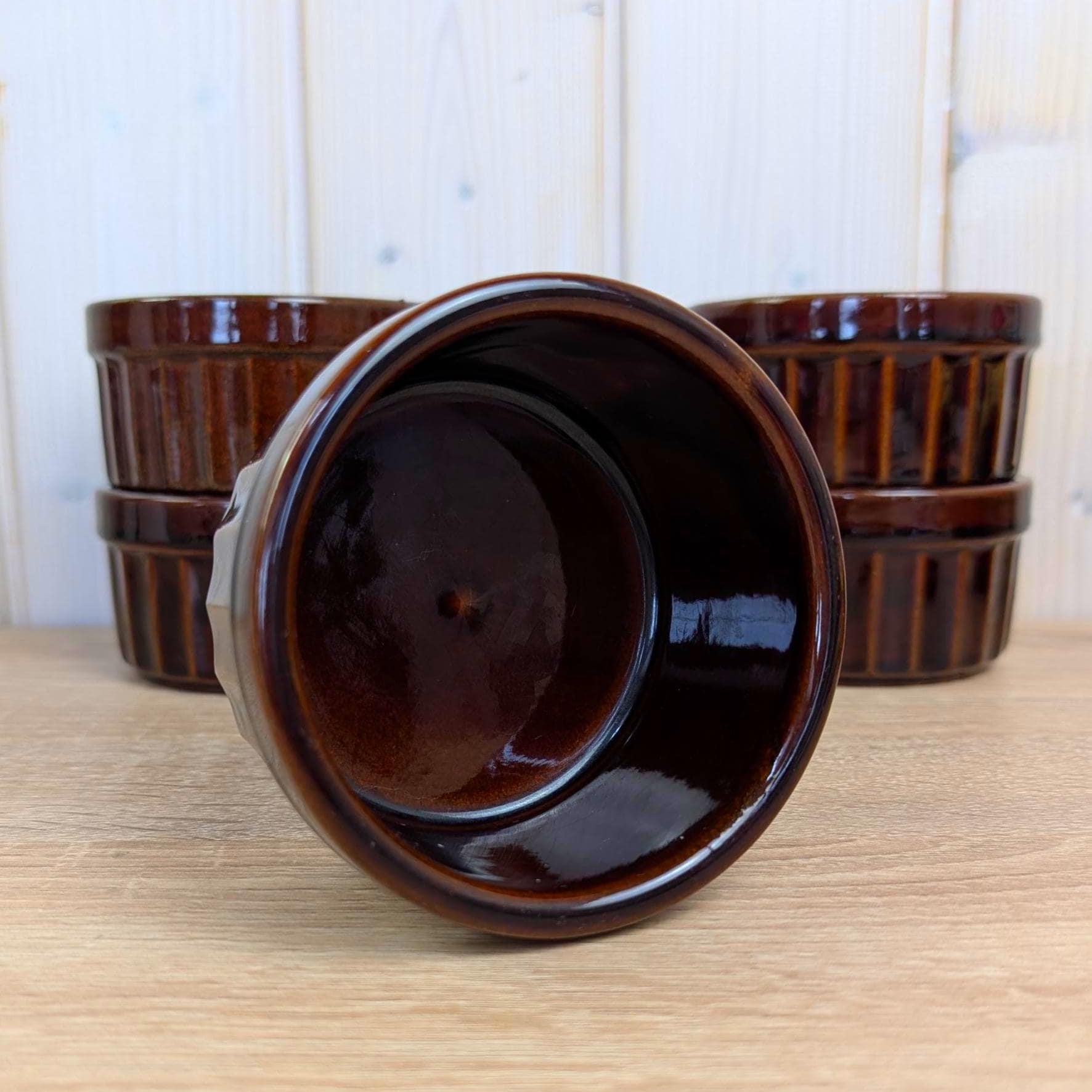 Set of 6 Vintage Ramekins, Scheurich 901, Brown Ribbed Glaze, West Germany, 1960s, Stoneware Baking Dishes, Mid Century Kitchen