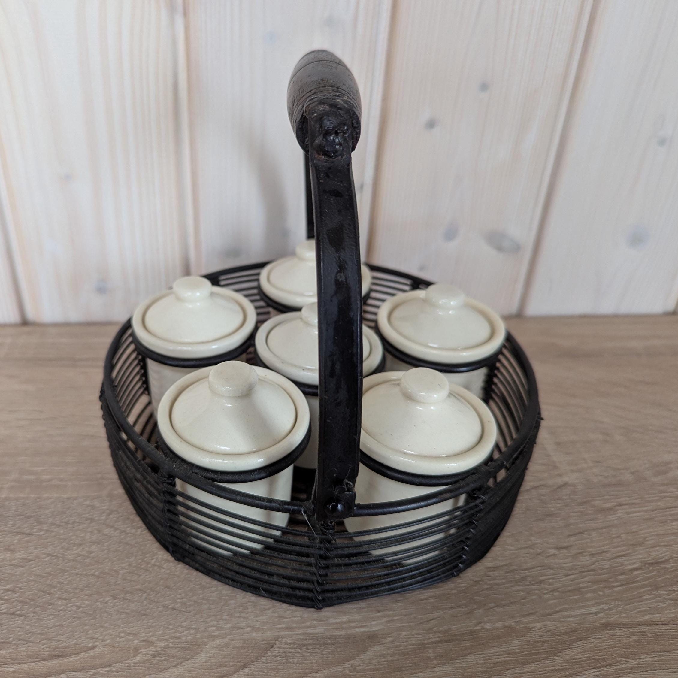 Vintage 1970s Spice Jar Set, Metal Basket with Wood Handle, 6 Ceramic Pots with Lids, Rustic Kitchen Storage