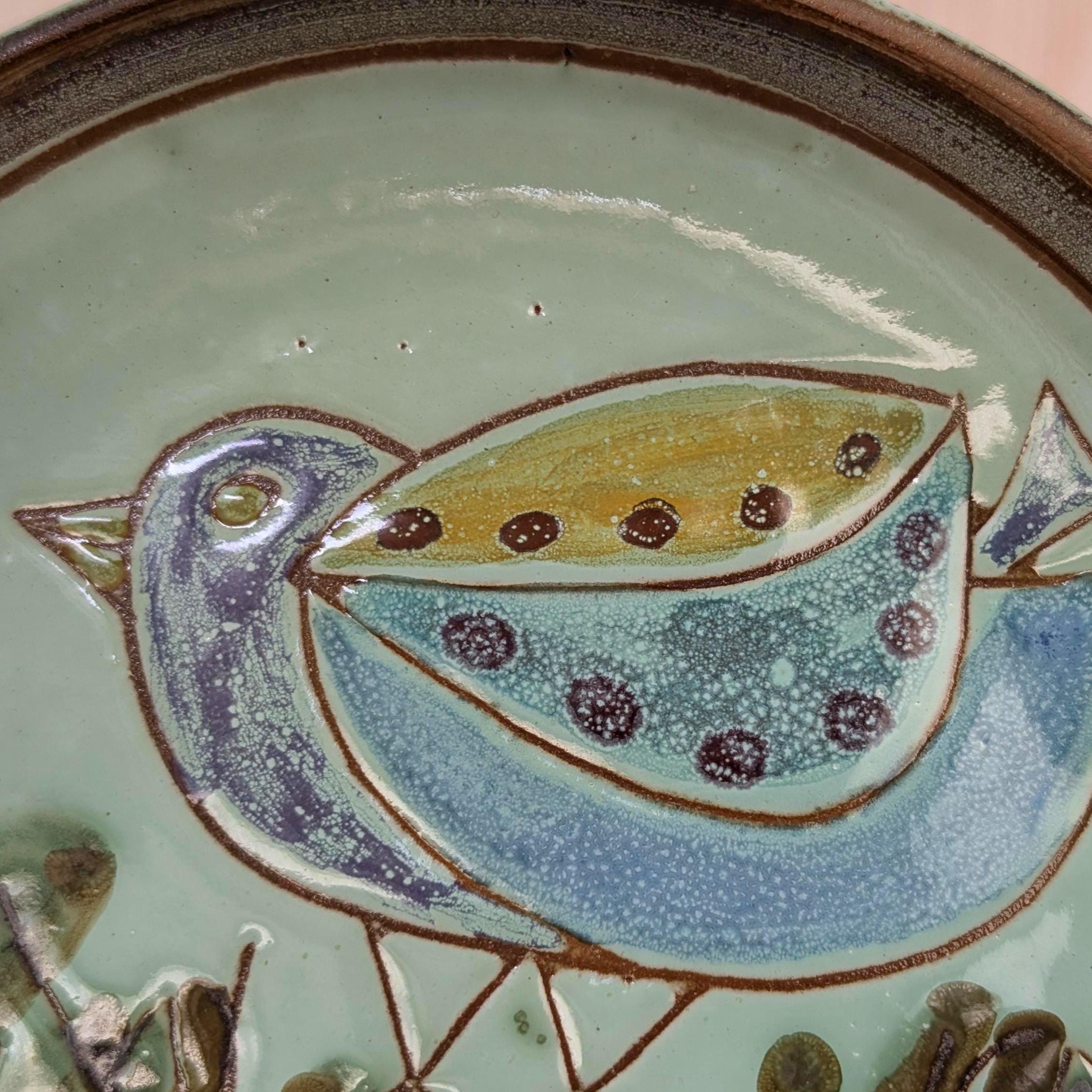 José Serigado Portugal Ceramic Bird Dish, Vintage 1970s Hand-Painted Signed Studio Pottery Alcobaca, Ring Dish Trinket Bowl Wall Decor