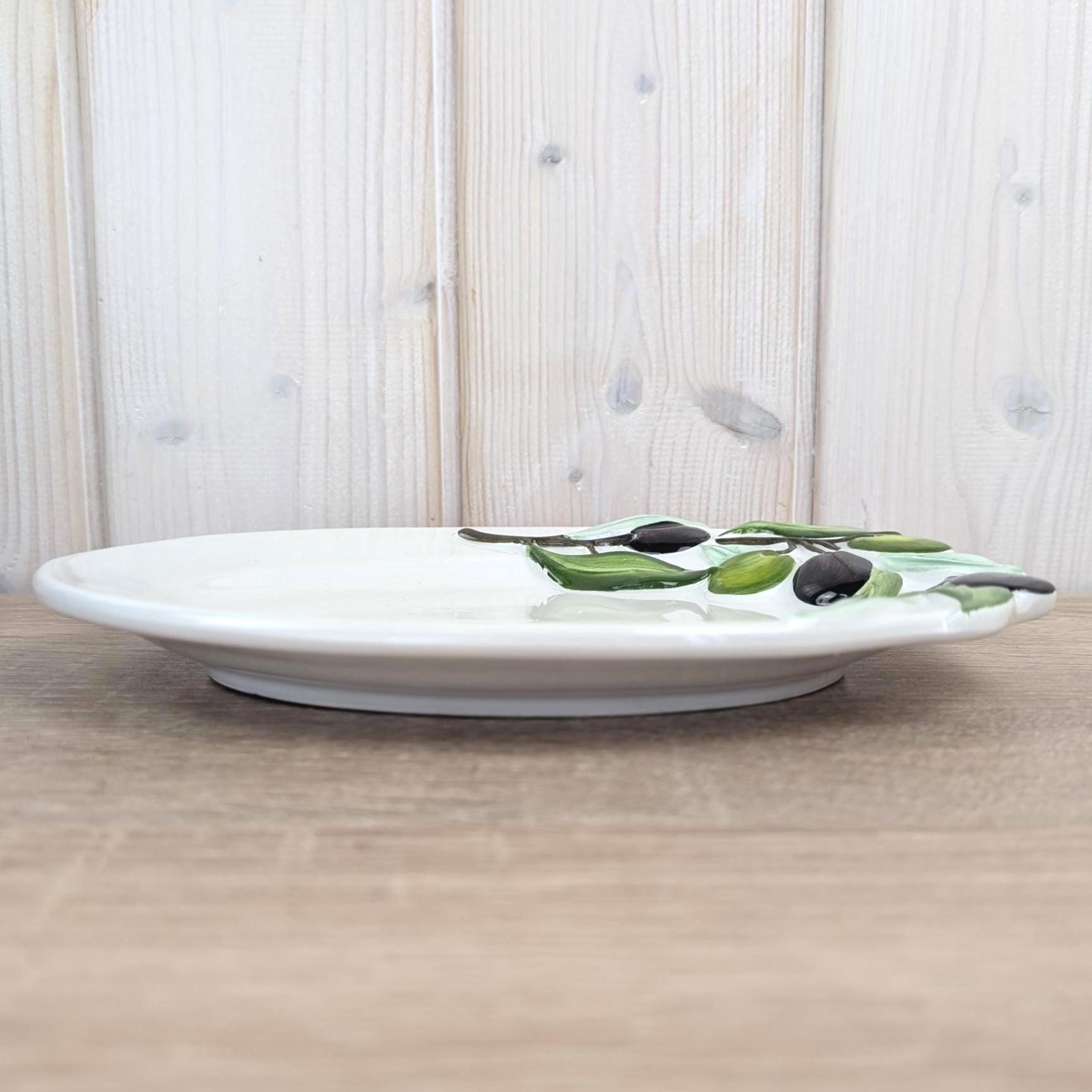 Vintage Italian Ceramic Plates Bassano Italy 1970s, Oval Majolica Serving Plate 3D Olive Branch Relief, EW780 Trompe l'Oeil