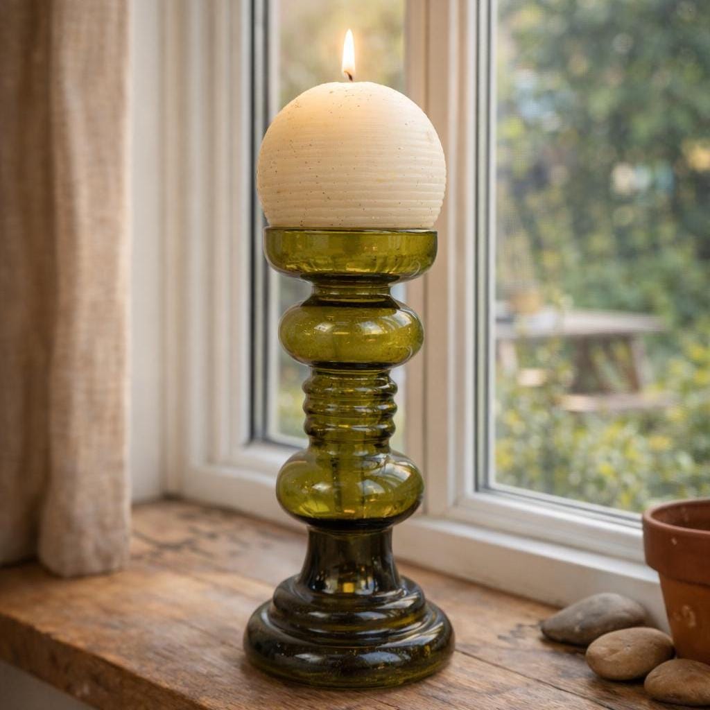 Vintage olive green glass vase candleholder, handblown art glass, Ingrid Glas, Germany, 1970s