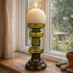 Vintage olive green glass vase candleholder, handblown art glass, Ingrid Glas, Germany, 1970s