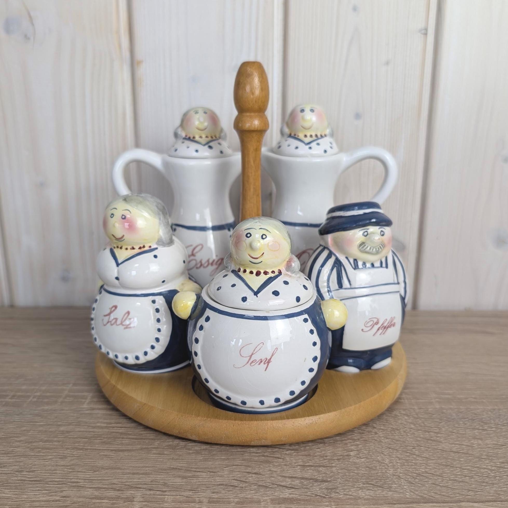 Vintage German Figural Condiment Set, Ceramic Folk Art, Salt Pepper Mustard Oil Vinegar, Wood Stand, 1980s Kitchen Decor