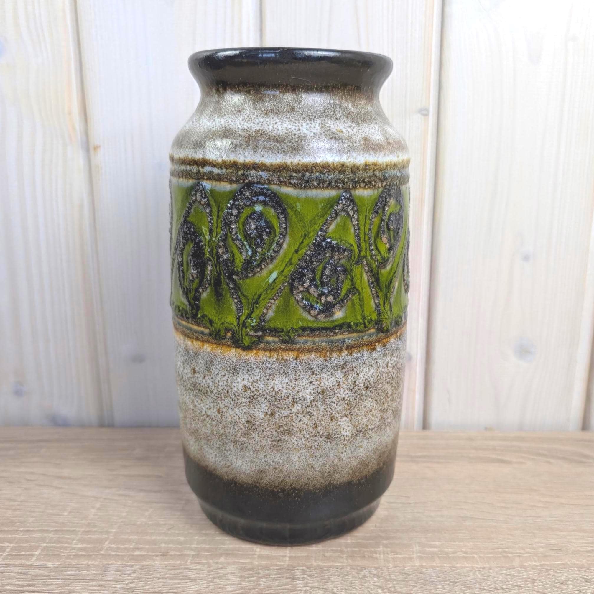 Jasba 905-10-22 West German Pottery Vase, Green Relief Band, Grey Black Glaze, 1960s