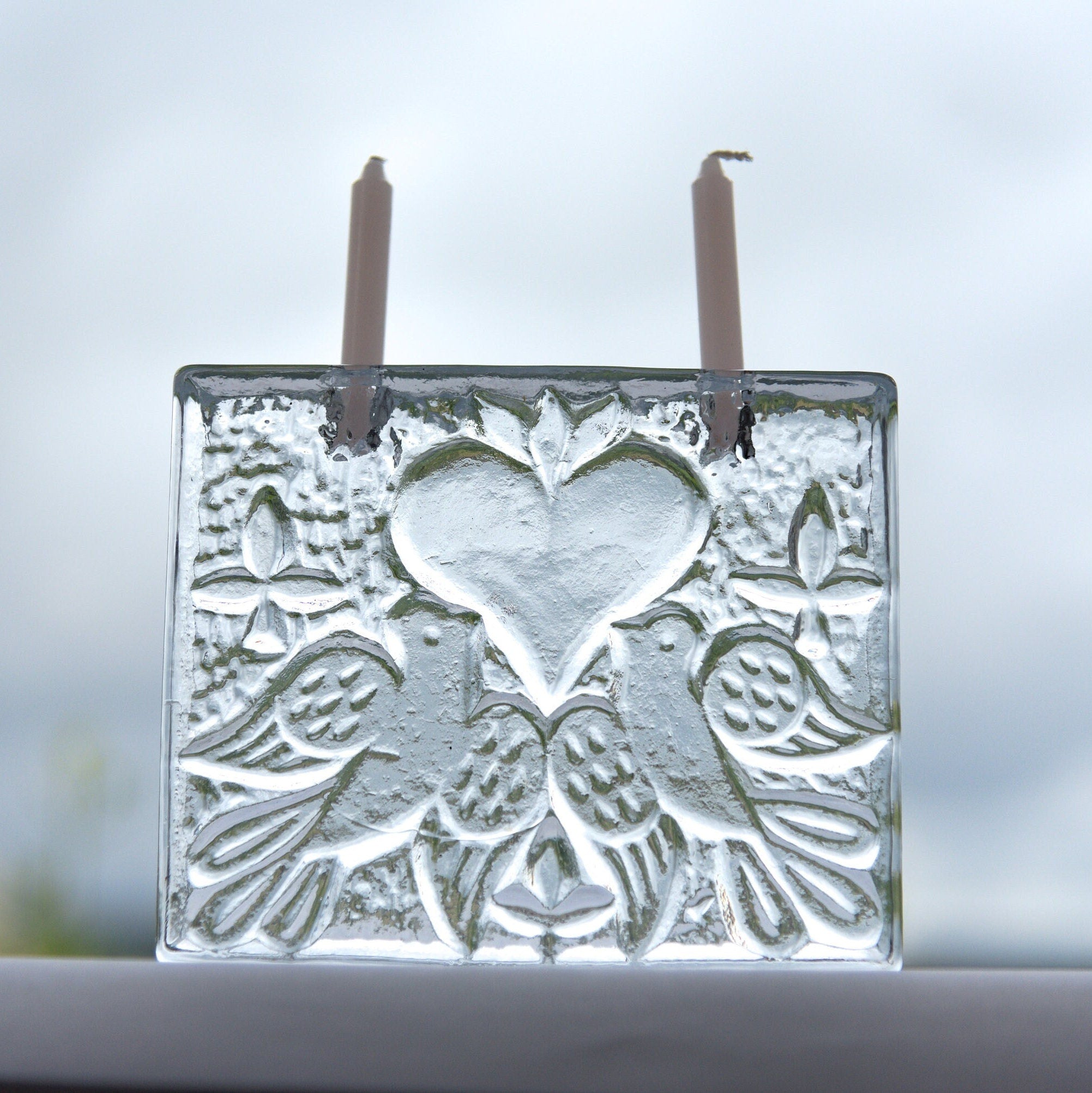 Walther Glas Love Duo Candle Holder, Vintage 1970s German Crystal, Romantic Dove Design