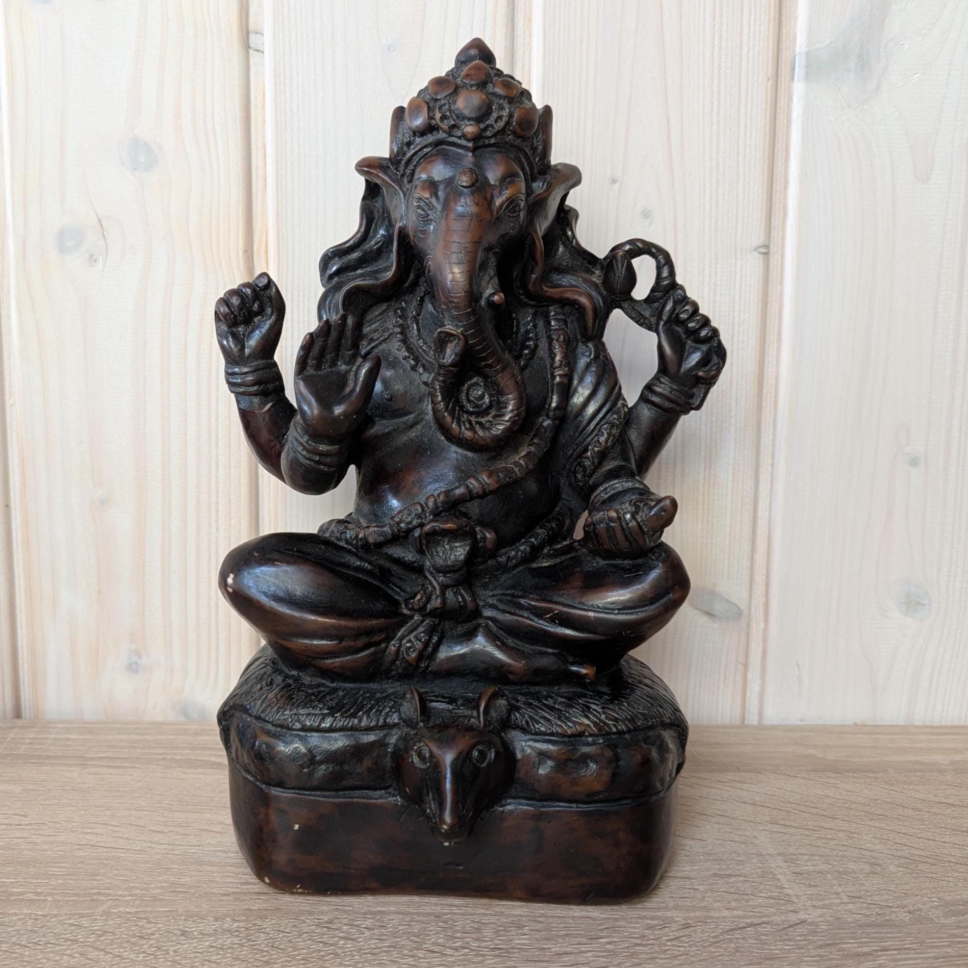 Vintage Ganesha Statue, Cold Cast Resin Wood Look Sculpture, South Asian Style Elephant God Figurine, 1980s Spiritual Decor