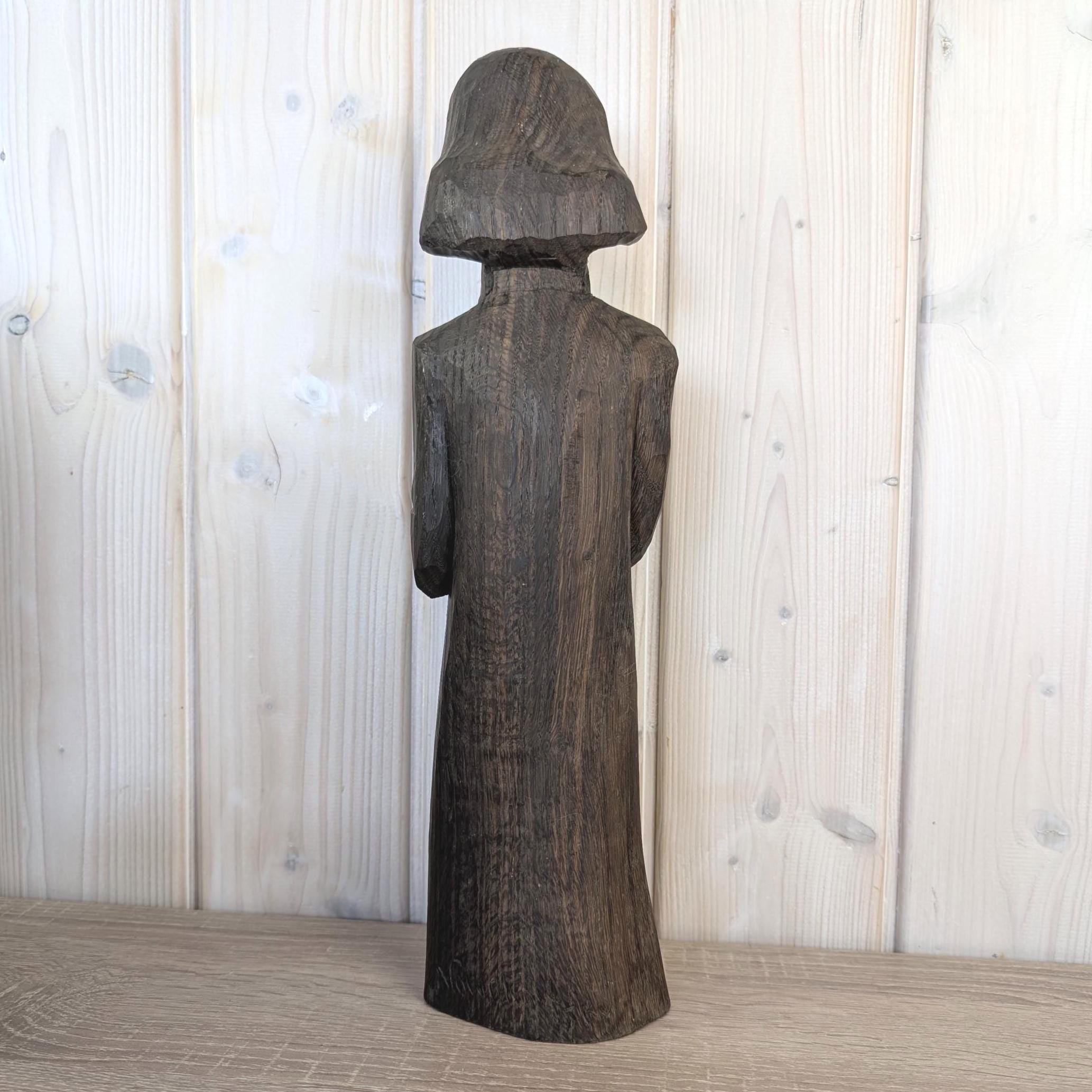 Signed Wood Carving Praying Figure, Nowakowsky, Dark Stained Folk Art Sculpture, Eastern European Religious Art, Handcarved Figurine, 1960s