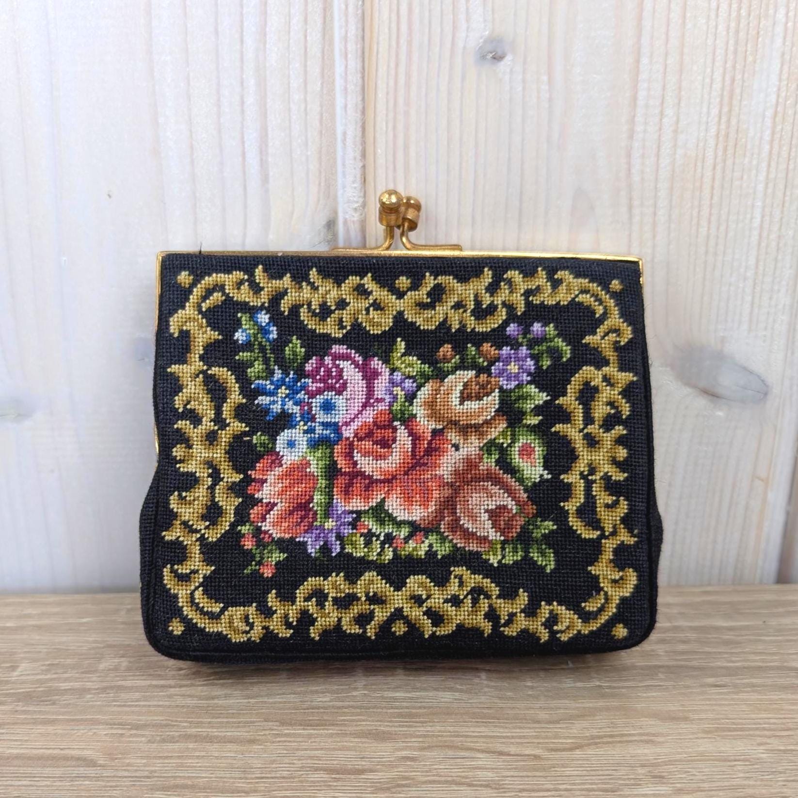 Petit Point Coin Purse Black Gold, Floral Needlepoint Wallet Double Frame Clasp, Austrian German Embroidered Purse, 1950s 1960s Vintage