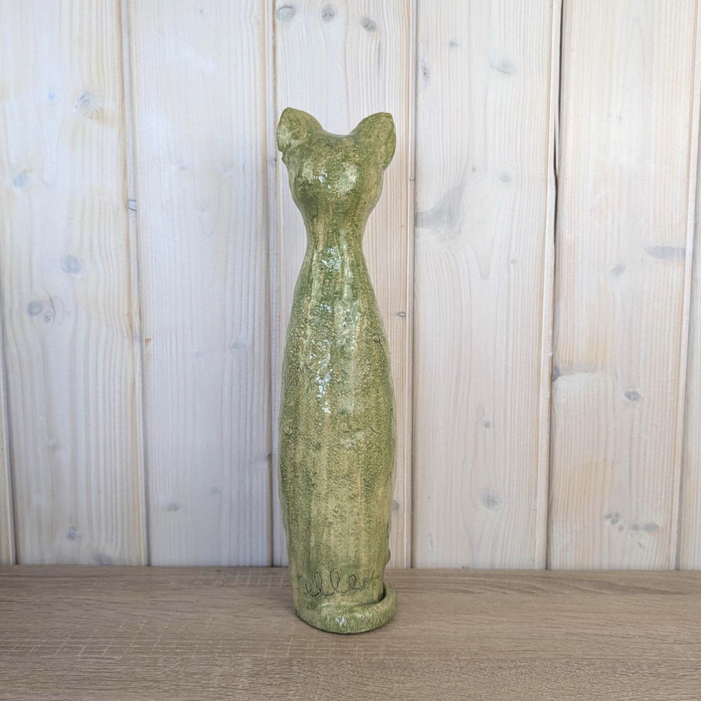 Signed Studio Pottery Cat Figurine, Handmade Green Glazed Ceramic, Tall Sculptural Cat, Signed Elle, Dated 1974, Vintage European Studio Art